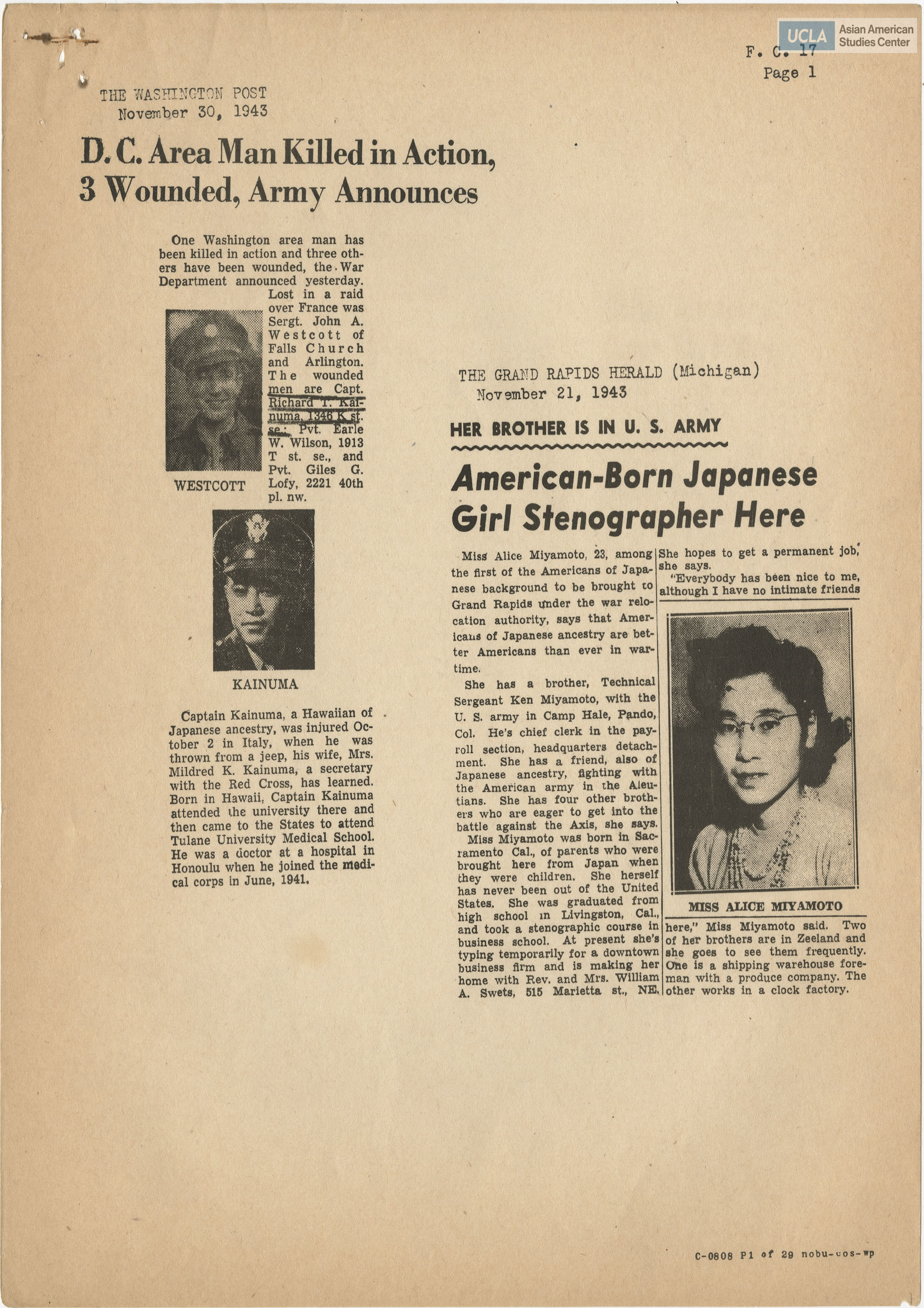 Various newspaper clippings on Japanese Americans.