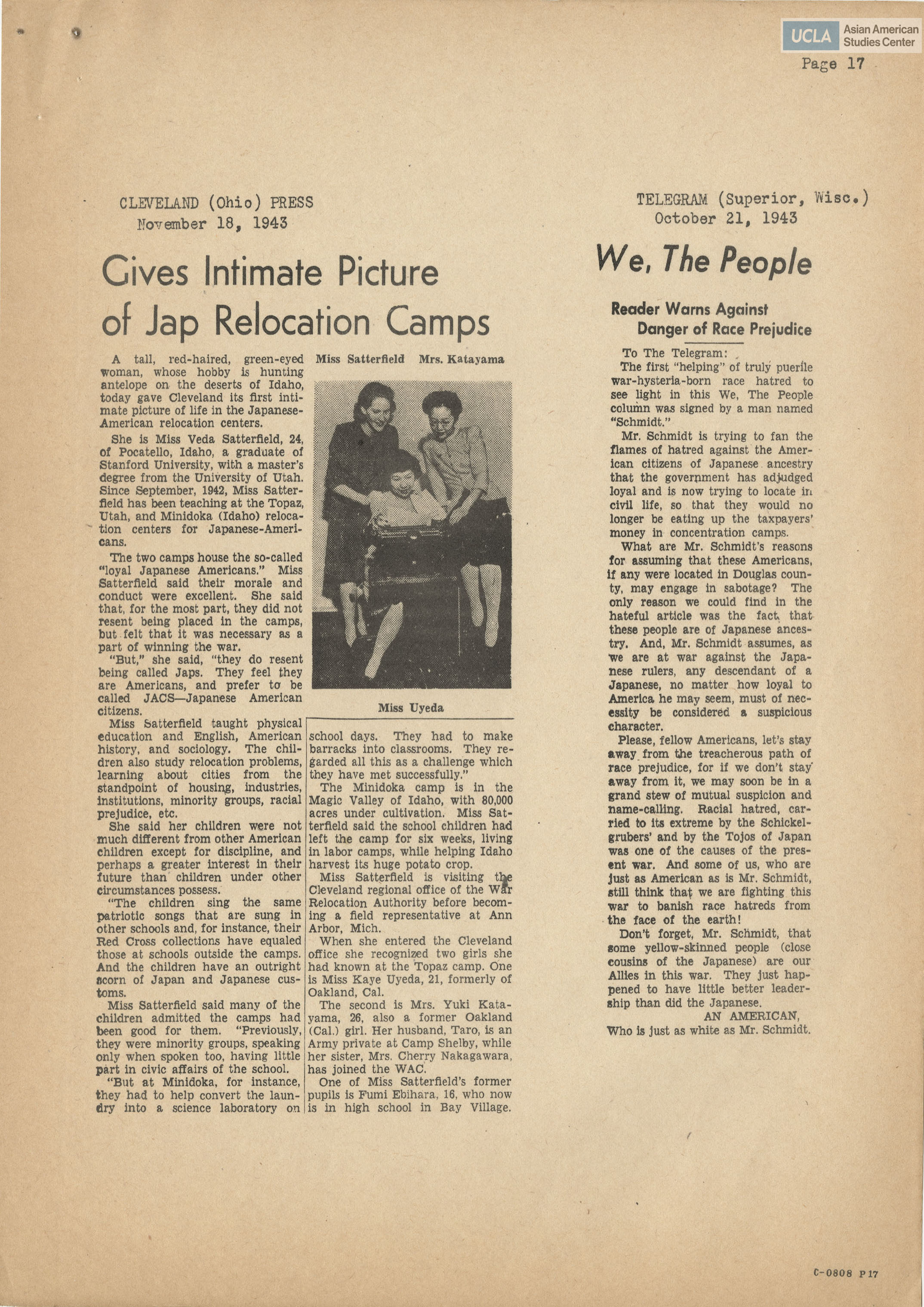 Various newspaper clippings on Japanese Americans.