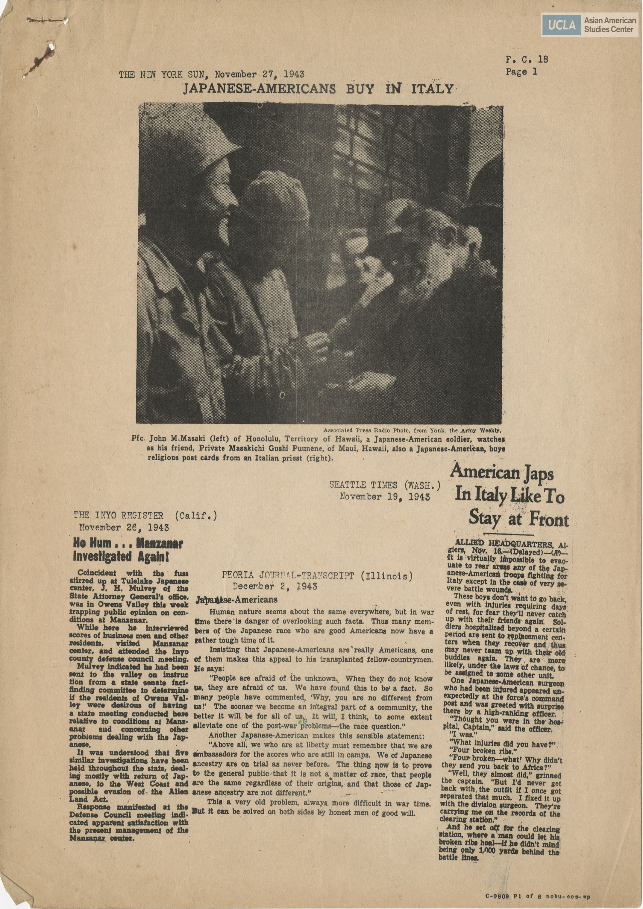 Various newspaper clippings on Japanese Americans during World War II.