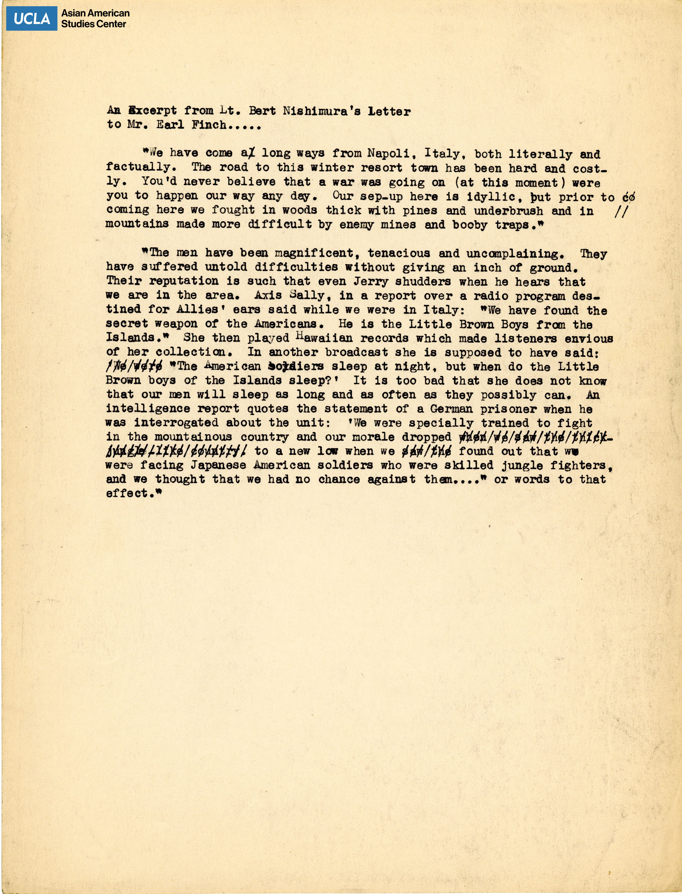 Excerpts from letter regarding the battalion's travel in Italy.