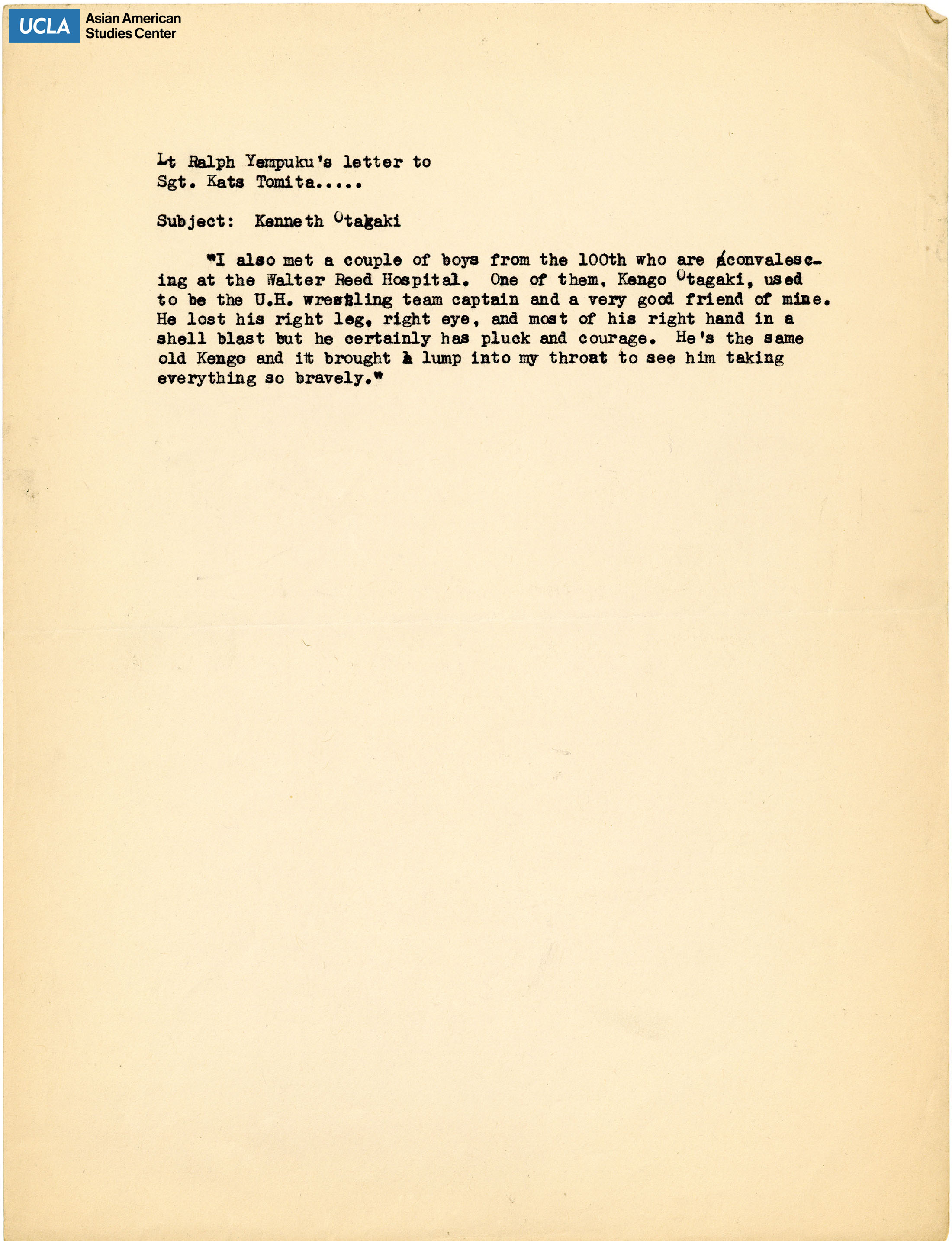 Excerpts from letter regarding meeting 100th Infantry Battalion at the Walter Reed Hospital.