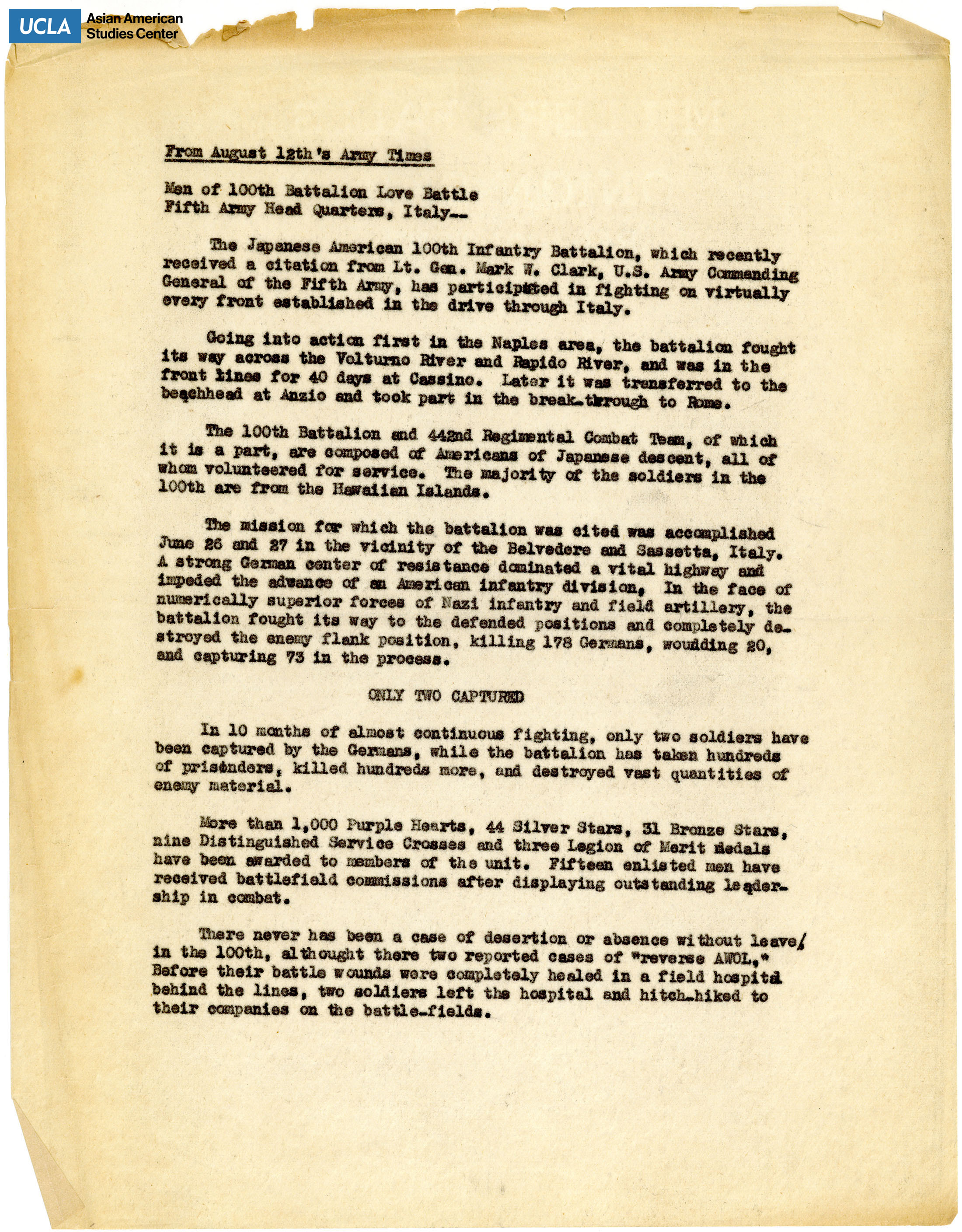 Excerpt from the Army Times on 100th Infantry Battalion at the Fifth Army Head Quarters, Italy.