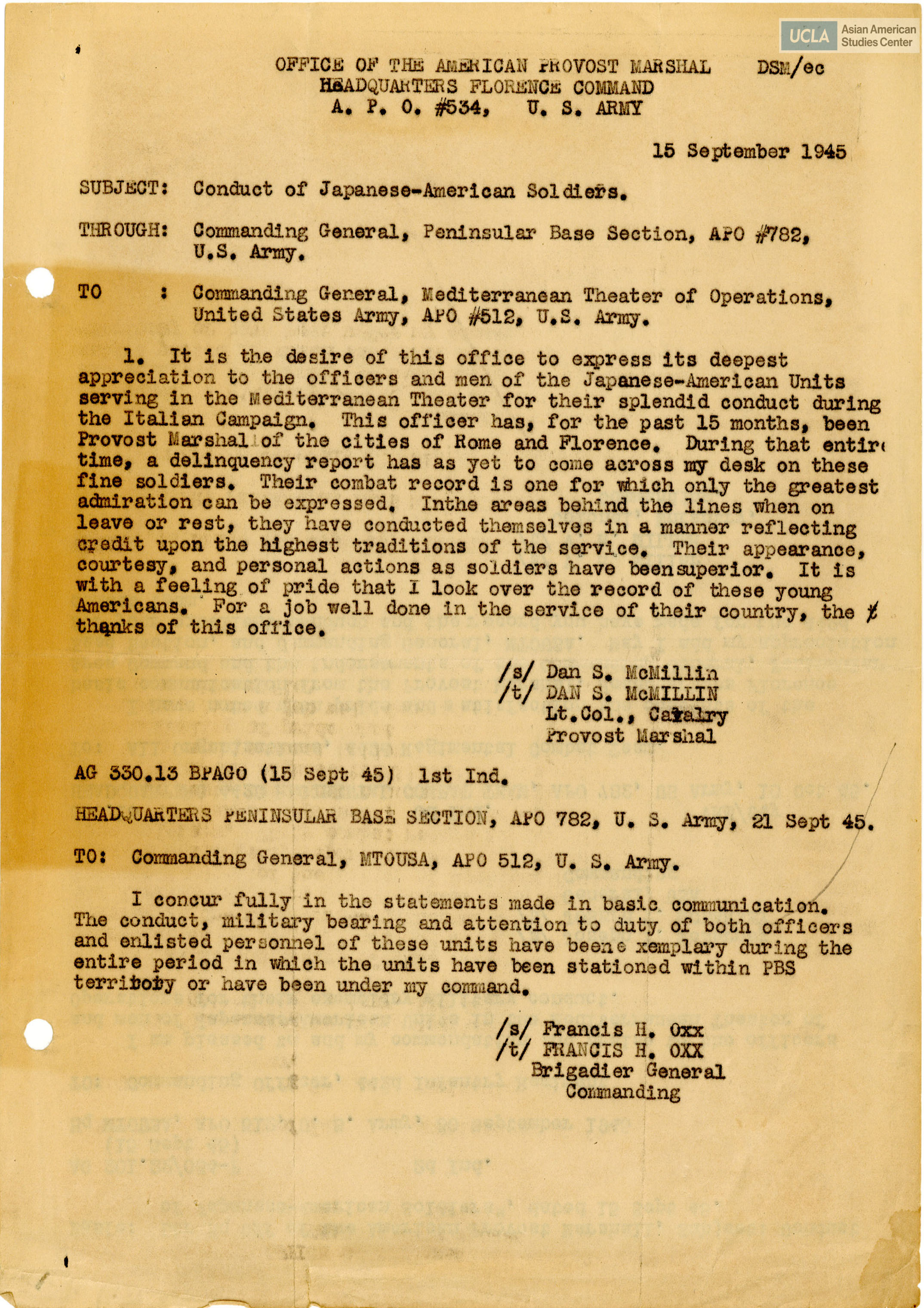 Statement regarding sending appreciaion for Japanese American servicemn in the Mediterranean Theater.