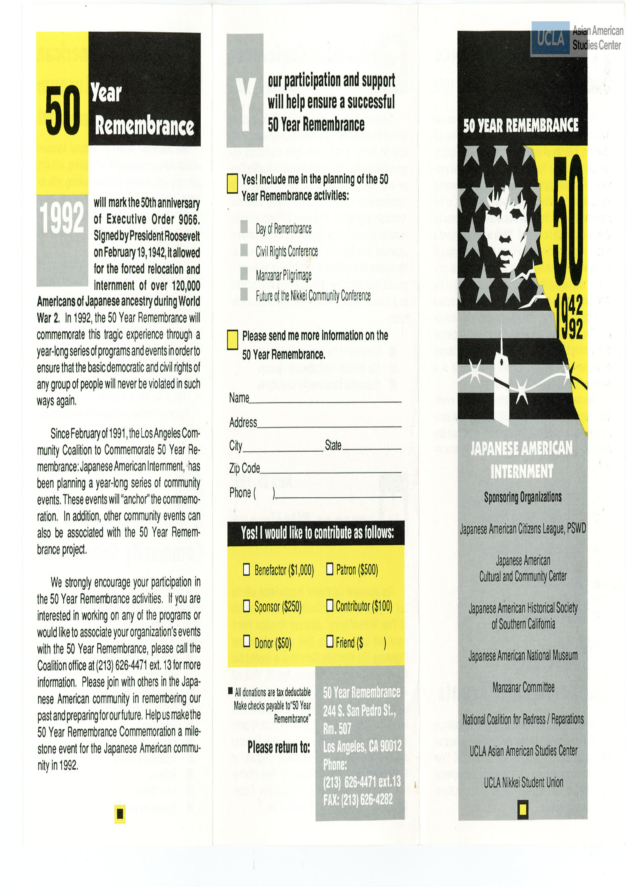Pamphlet regarding the Day of Remembrance on the 50th anniversary of the signing of Executive Order 9066.