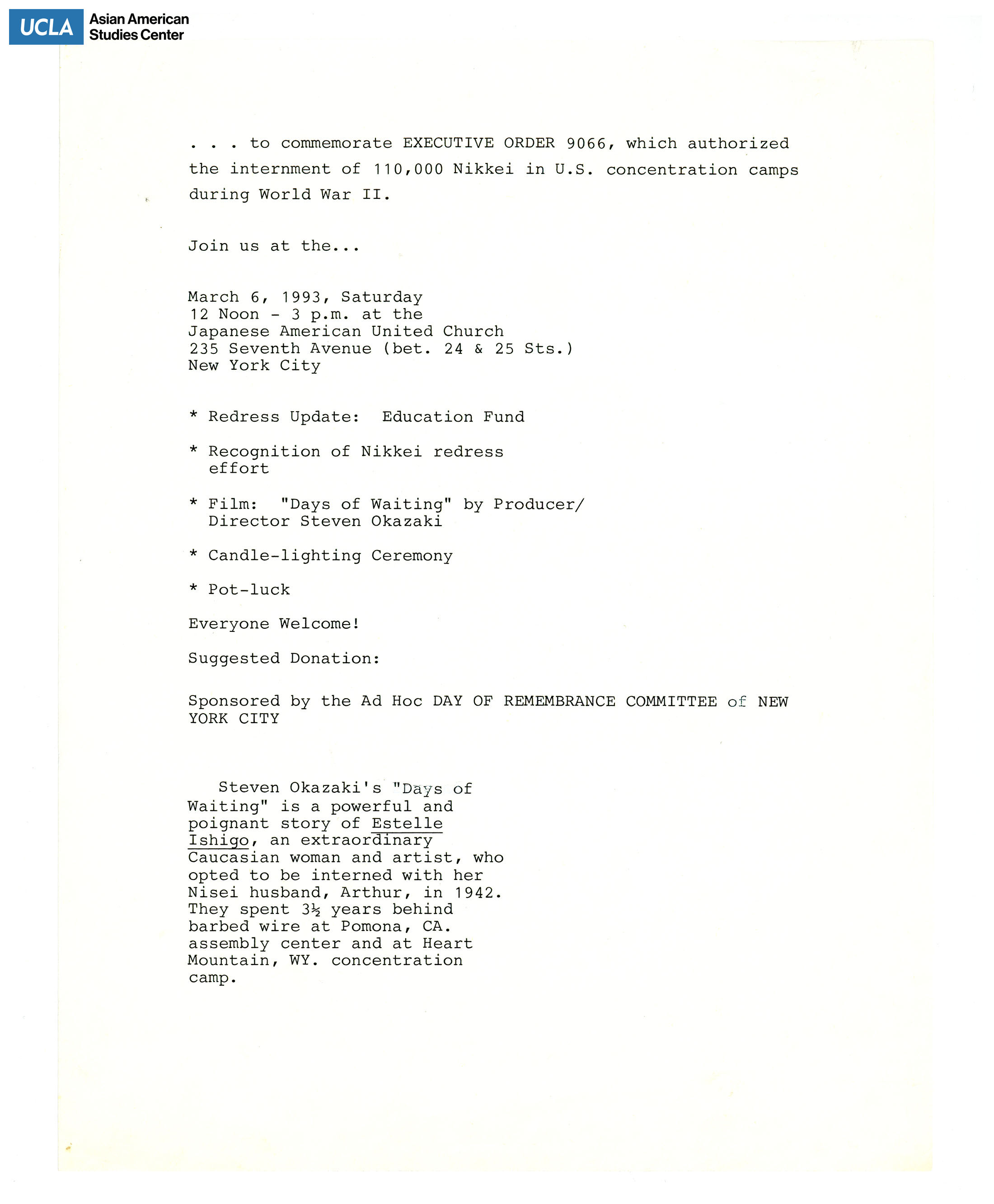 Drafted outline on flyer regarding Day of Remembrance.