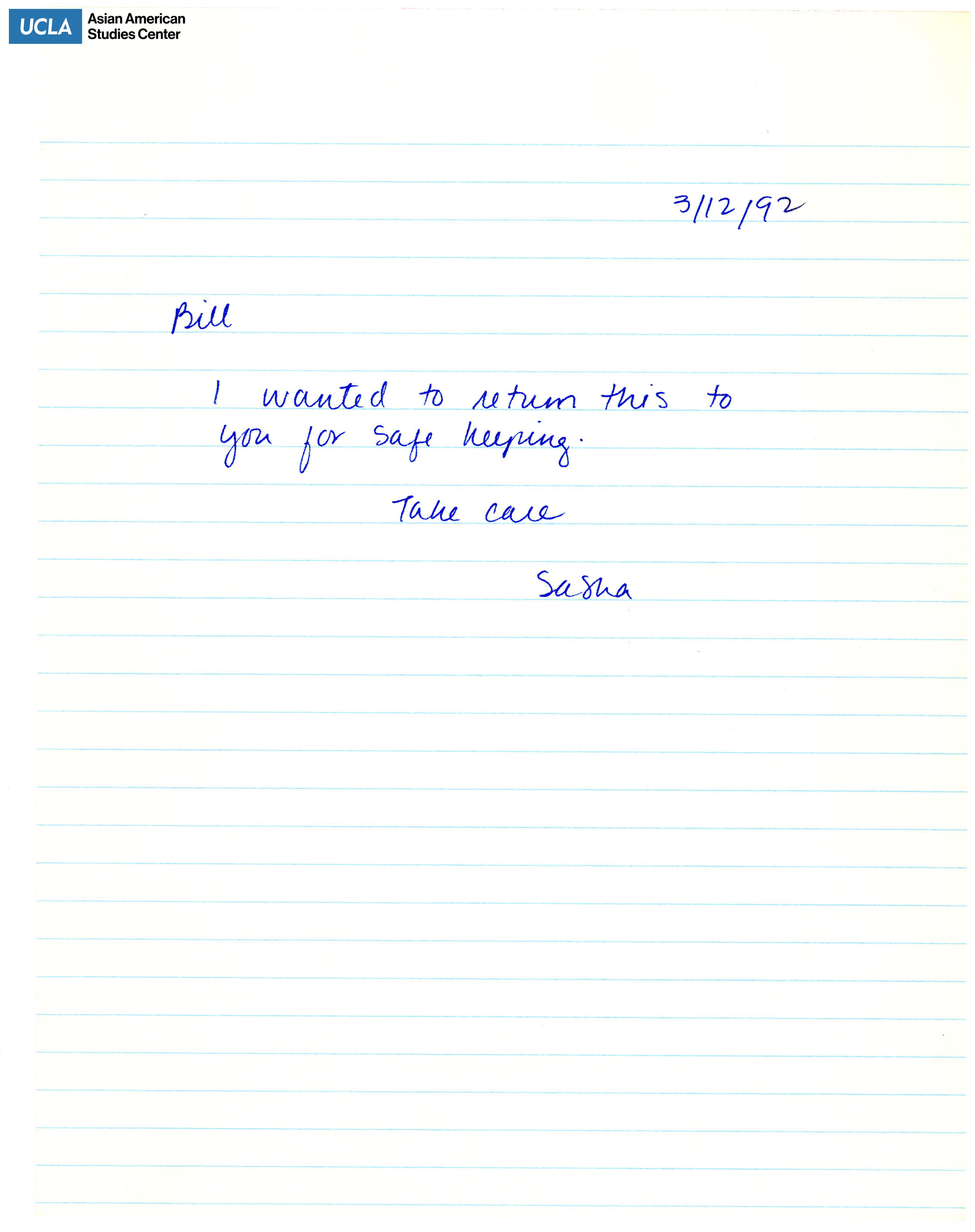 Letter mentions returning an item for safe keeping.