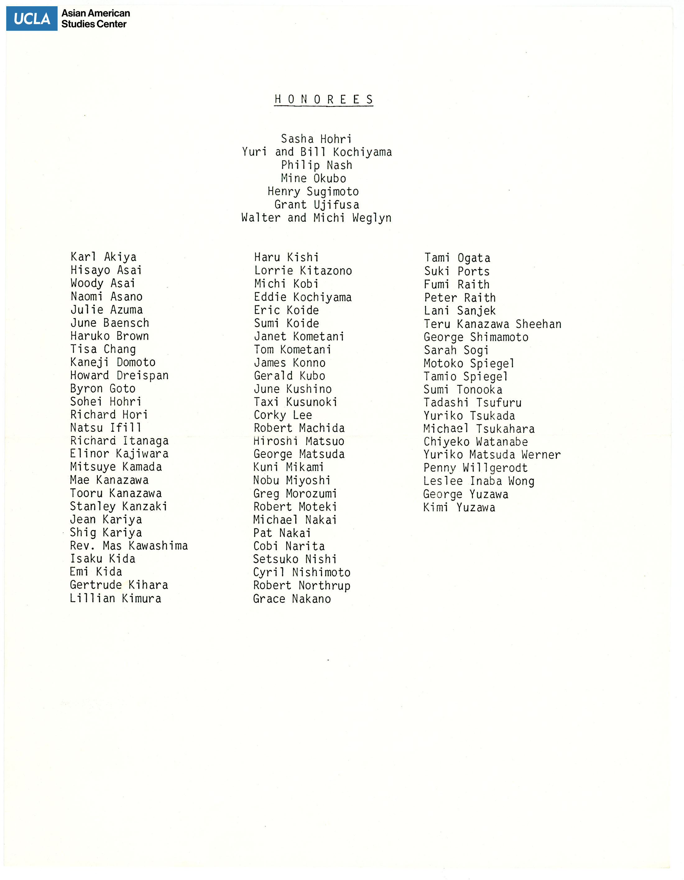 List includes honorees Sasha Hohri, Yuri and Bill Kochiyama, Philip Nash, Miné Okubo, Henry Sugimoto, and many more.