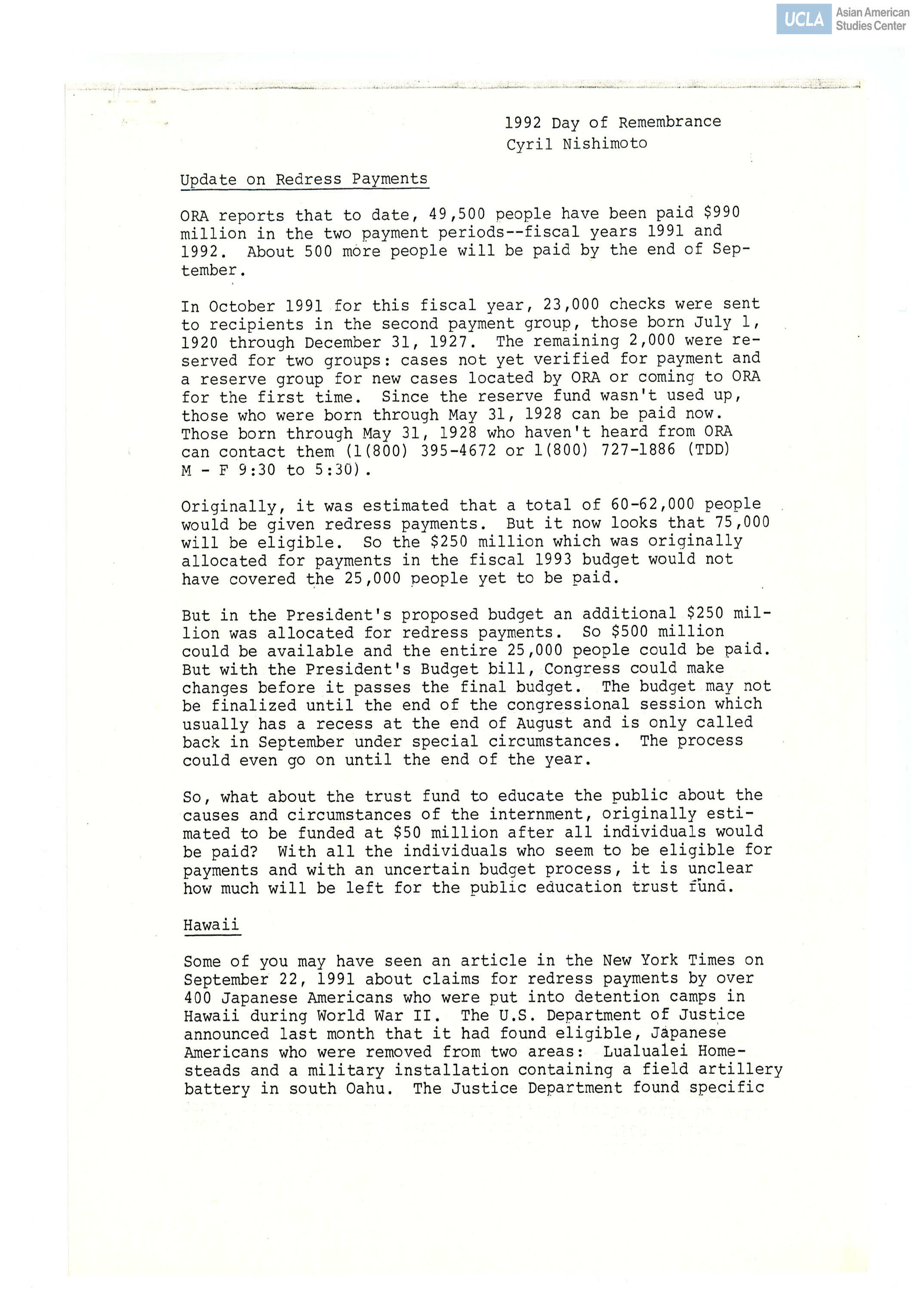 Update regarding redress payments to Japanese Americans.