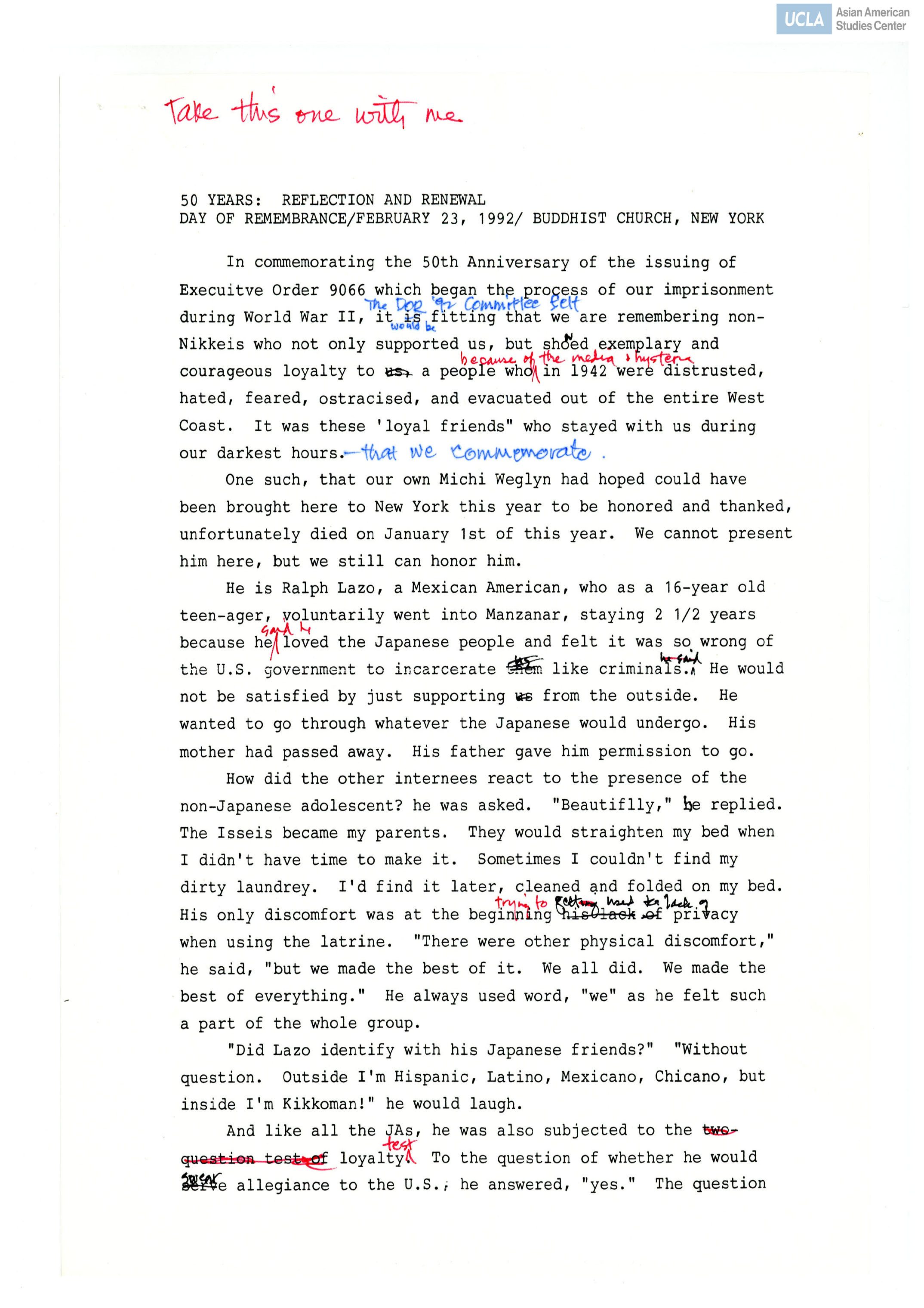 An annotated speech regarding the 50th Anniversay of Day of Remembrance.