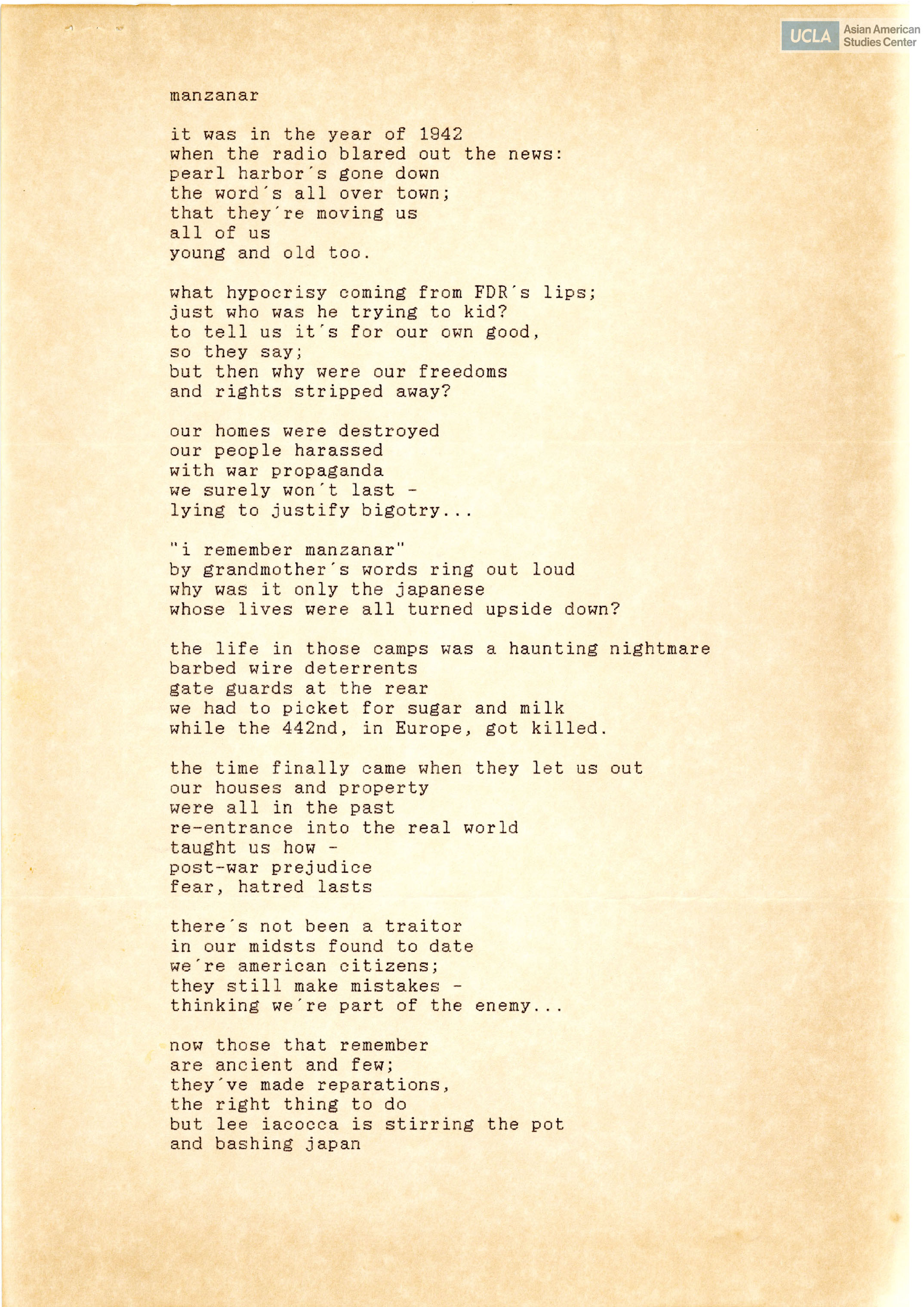 Manzanar lyrics for Day of Remembrance by John Seetoo.