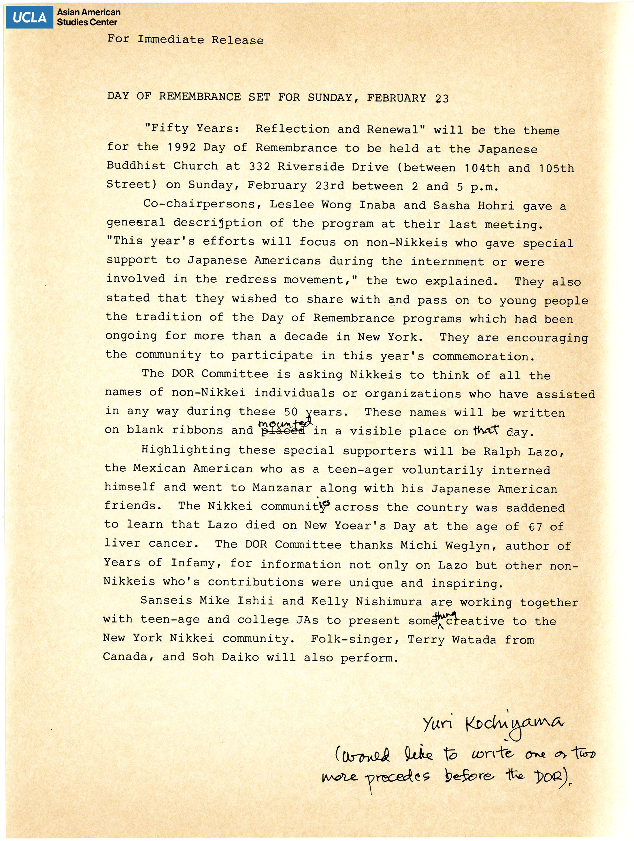 Press release regarding the 50th anniversary on Day of Remembrance.