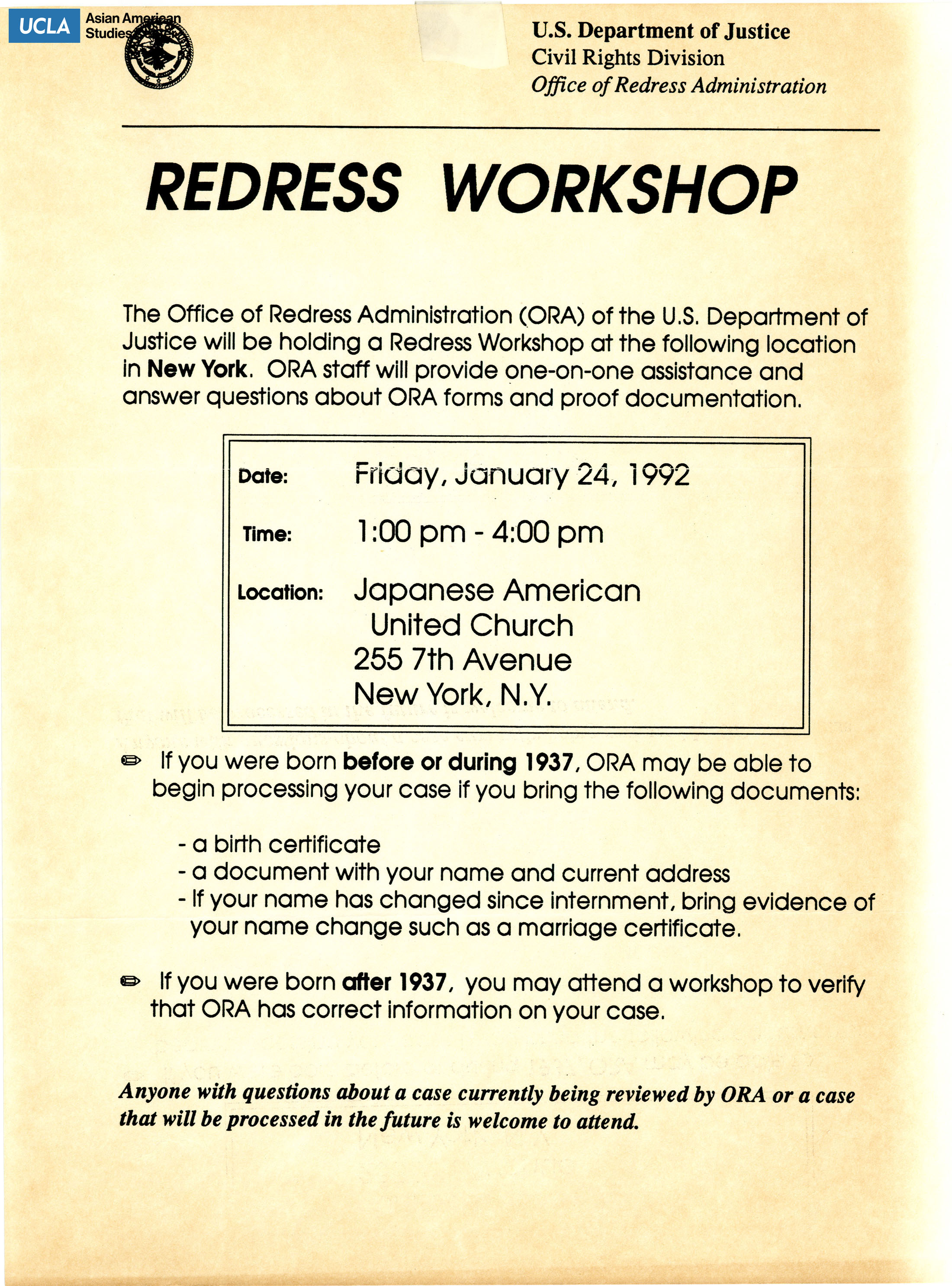 Flyer regarding a workshop on the process of receiving redress.