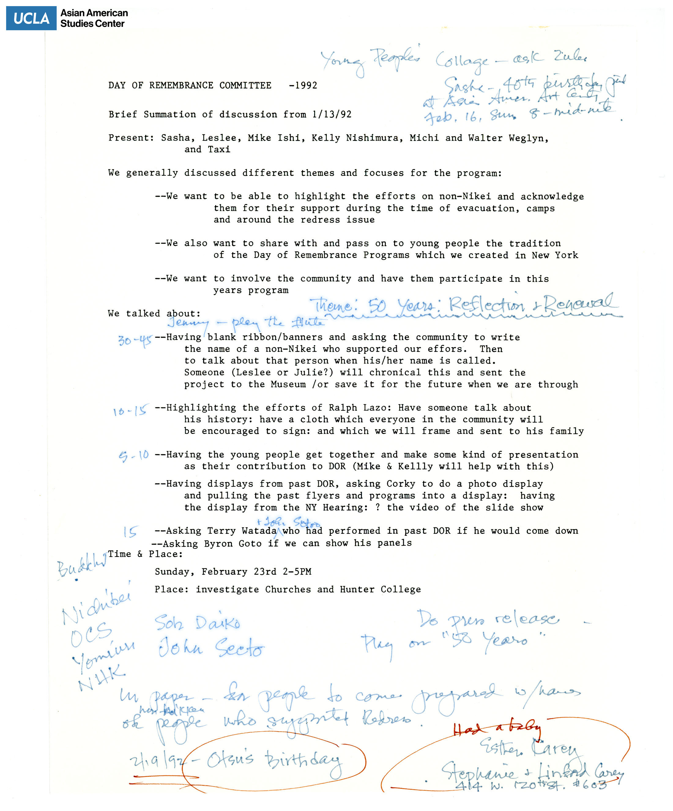 Meeting notes regarding the 50th anniversary on Day of Remembrance.