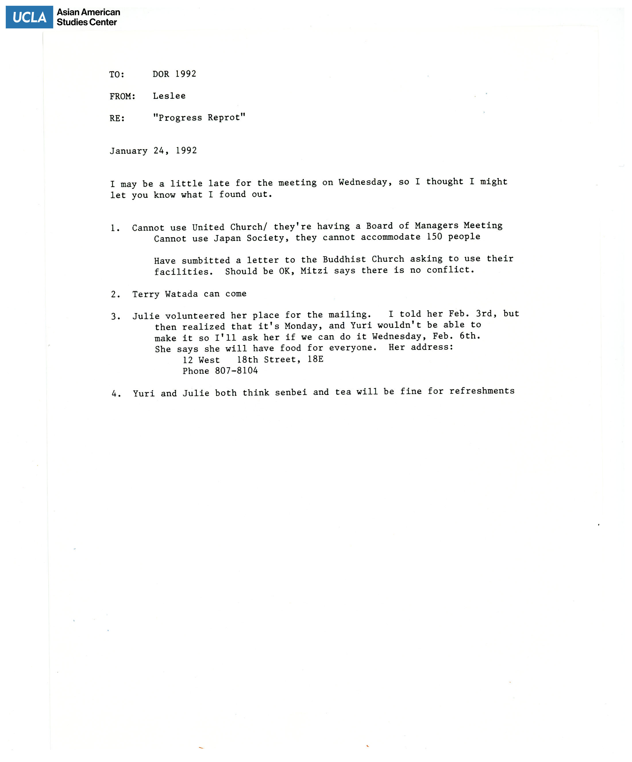 Letter regarding an update meeting for the Office of Redress.
