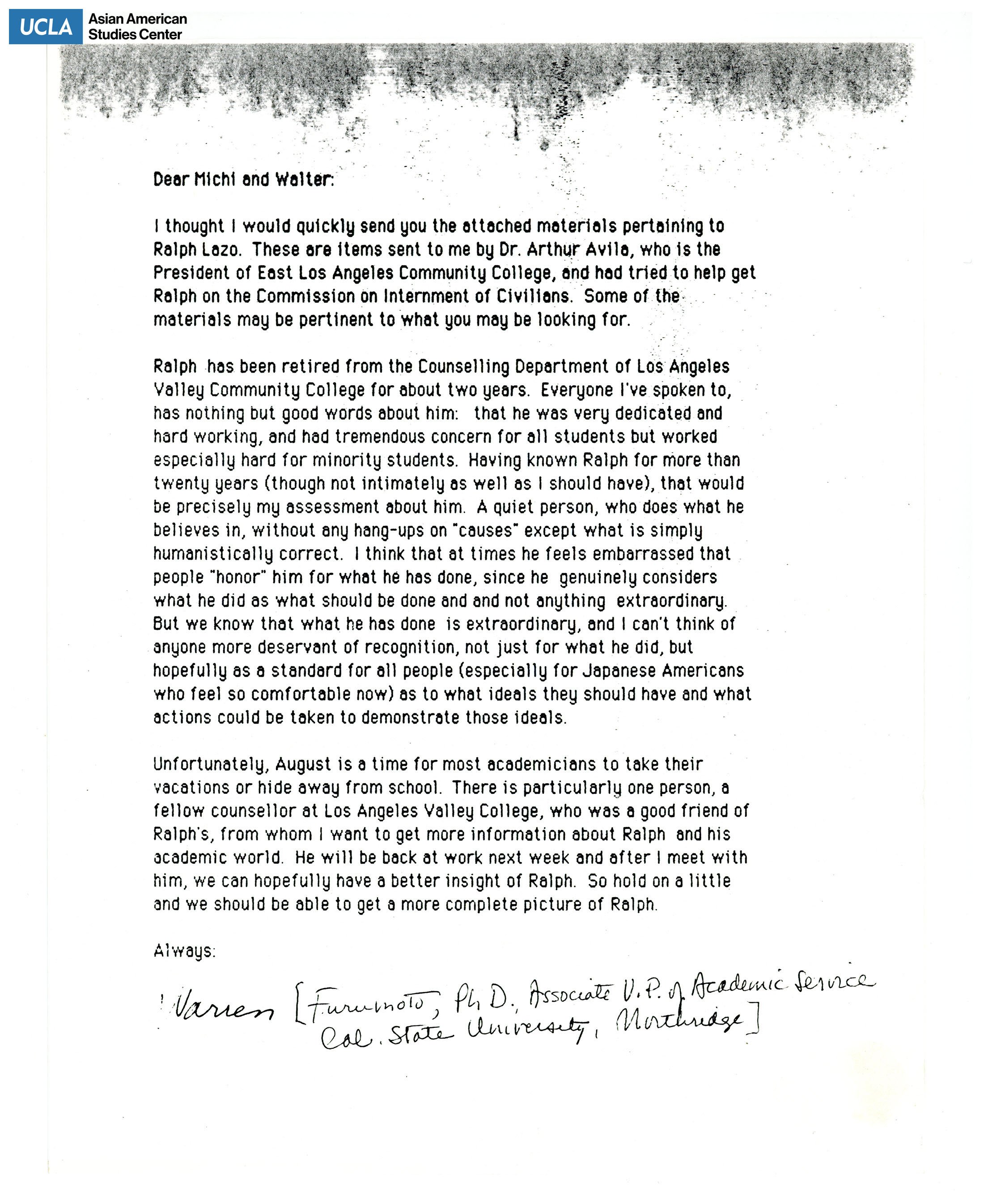 Letter to Michi and Walter Weglyn regarding materials relating to Ralph Lazo.