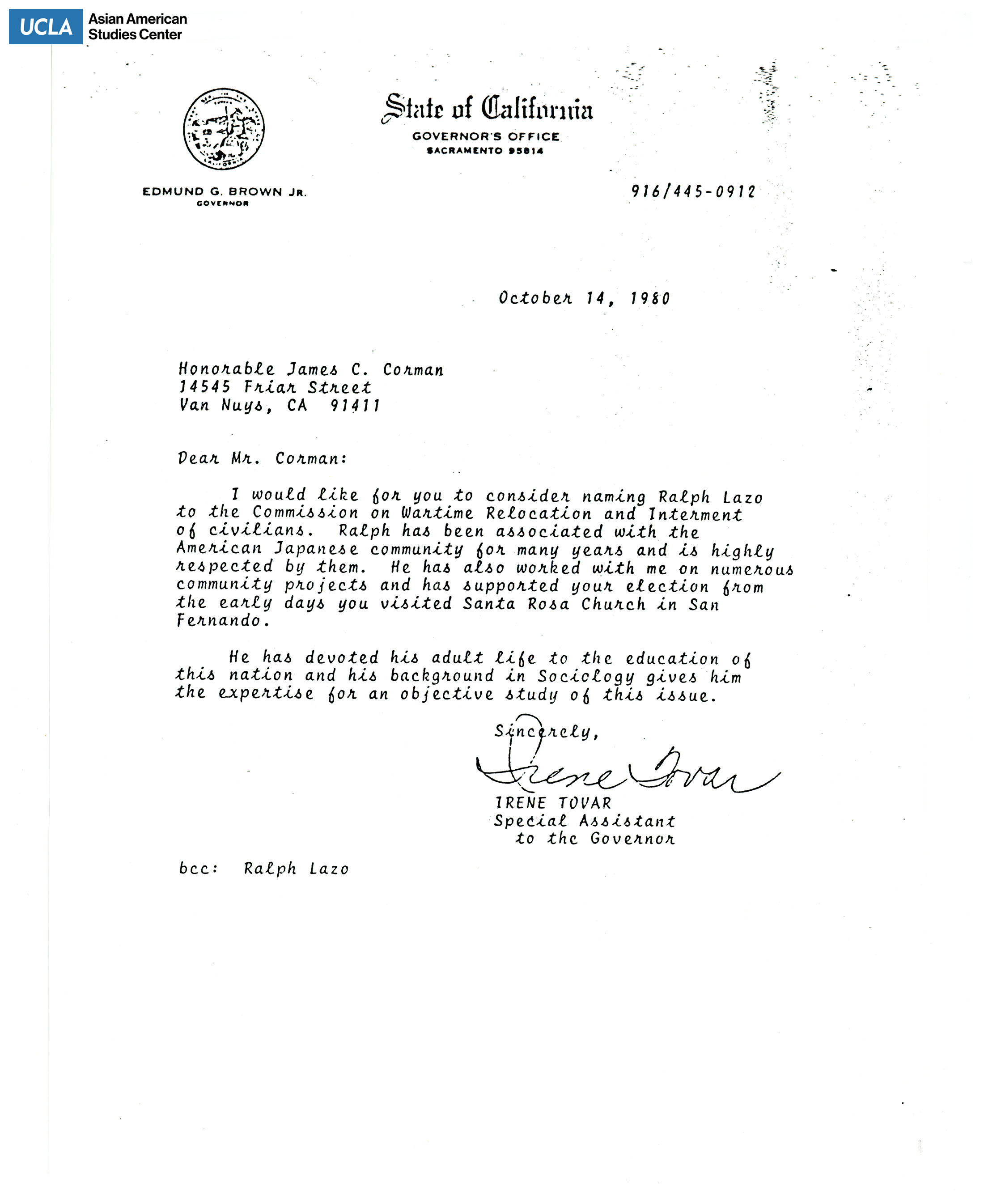 Letter from Irene Tovar, Special Assistant to the Governor, regarding consideration Ralph Lazo for the Wartime Relocation and Internment of Civilians.
