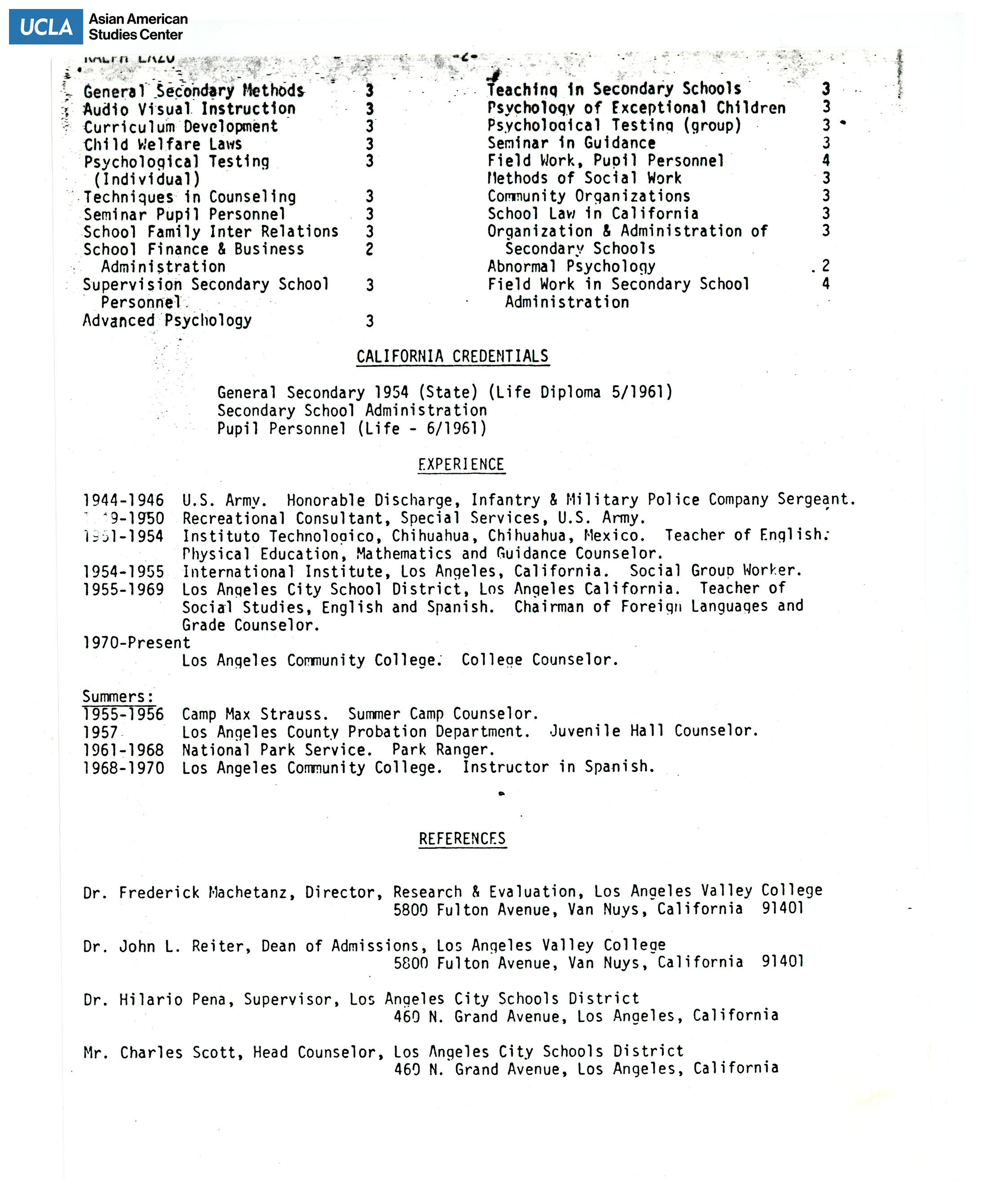 Resume of Ralph Lazo which includes: credentials, work experience, and references.