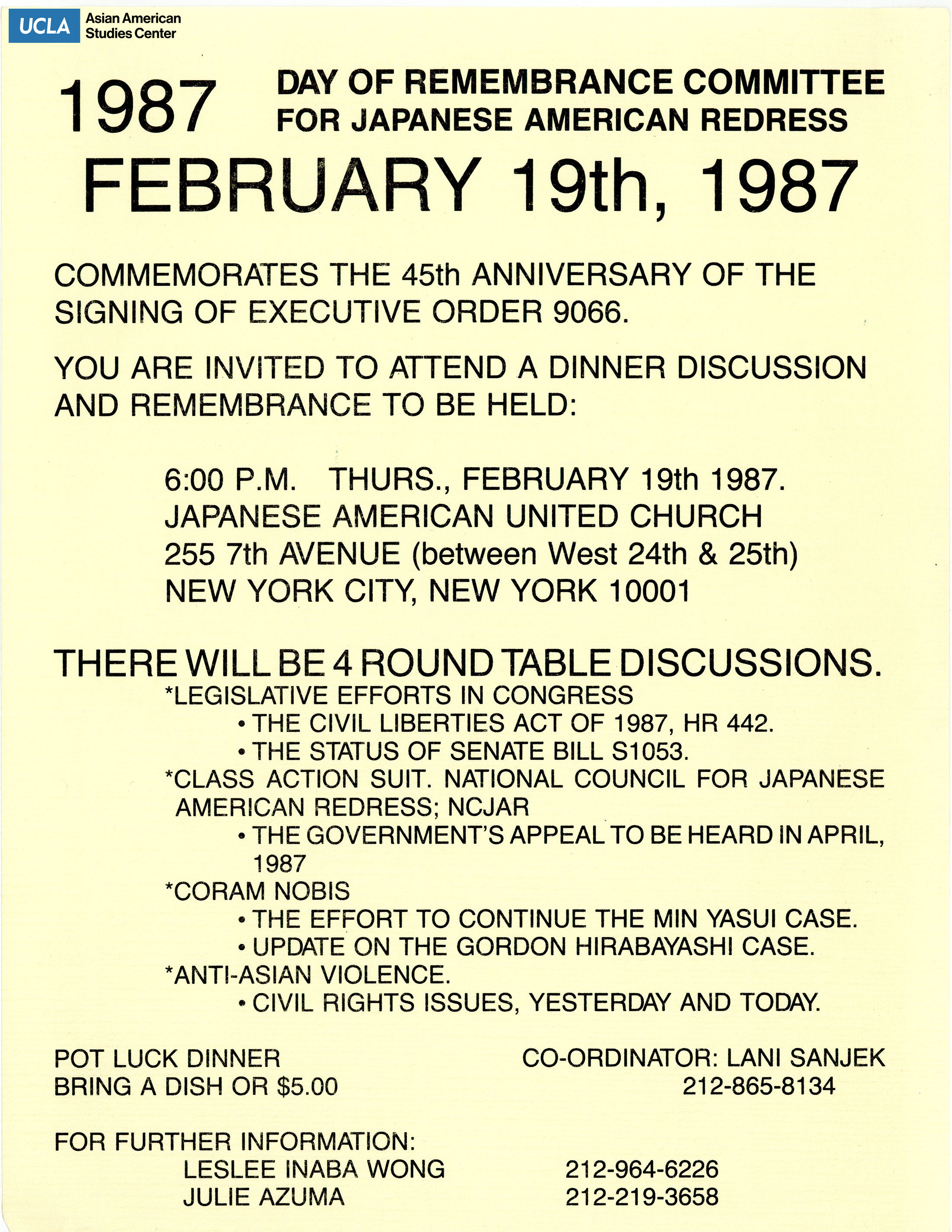 Flyer regarding 1987 Day of Remembrance commemoration dinner discussion. Includes roundtable discussions and remembrance.
