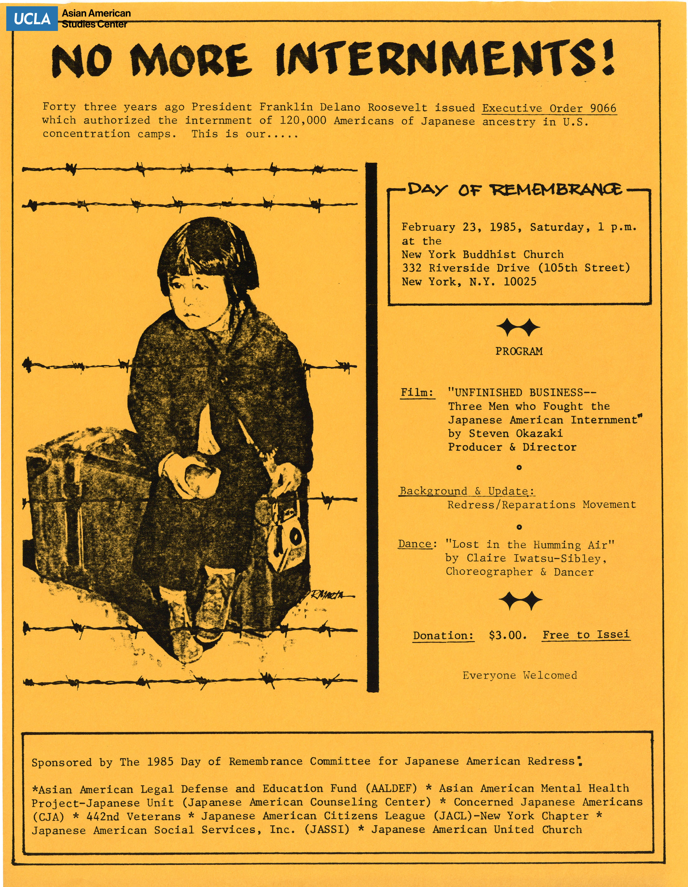 Flyer regarding the 1985 Day of Remembrance commemoration at the New York Buddhist Church.