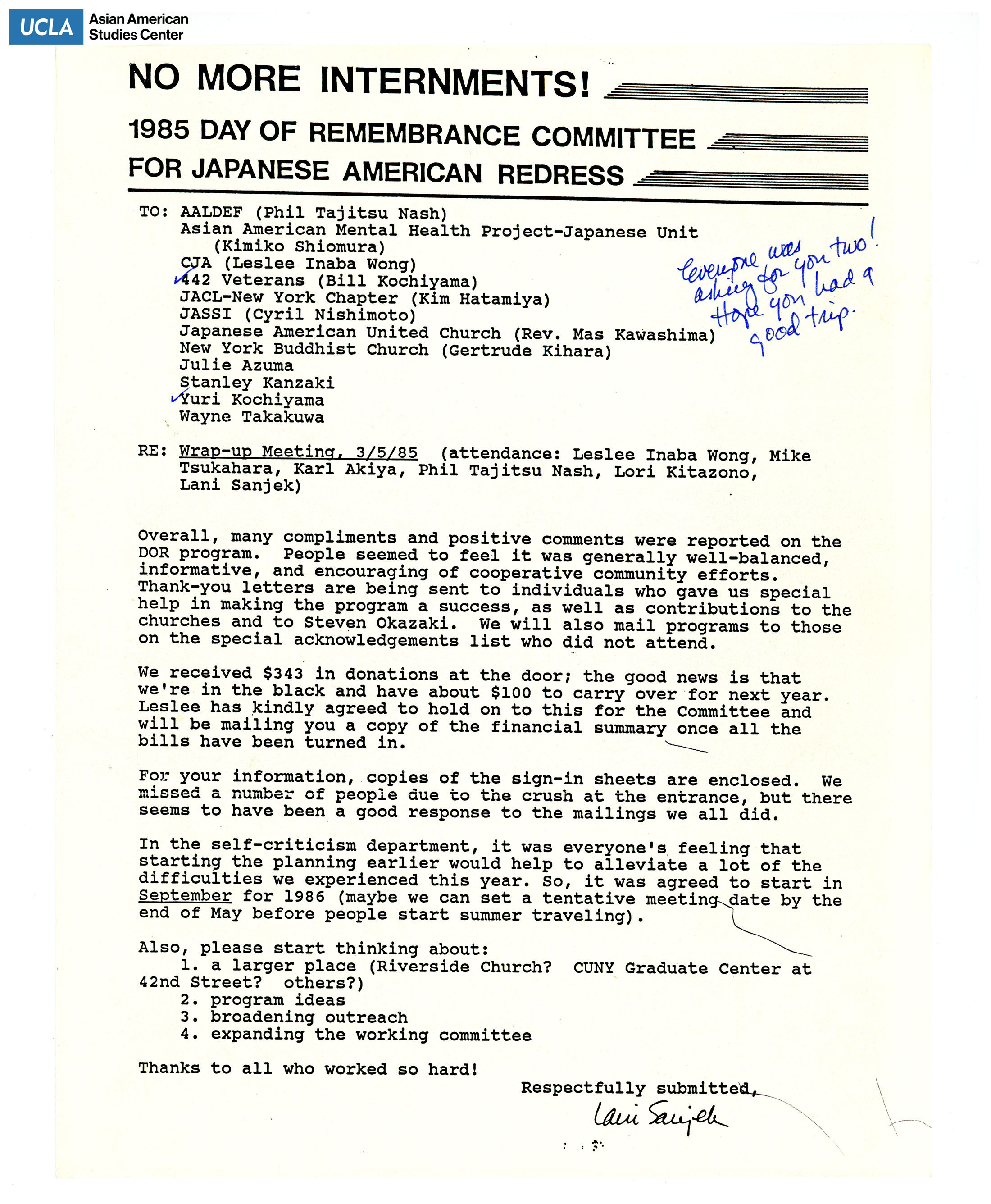 Letter addressed to various organizations regarding planning on the Day of Remembrance commemoration.