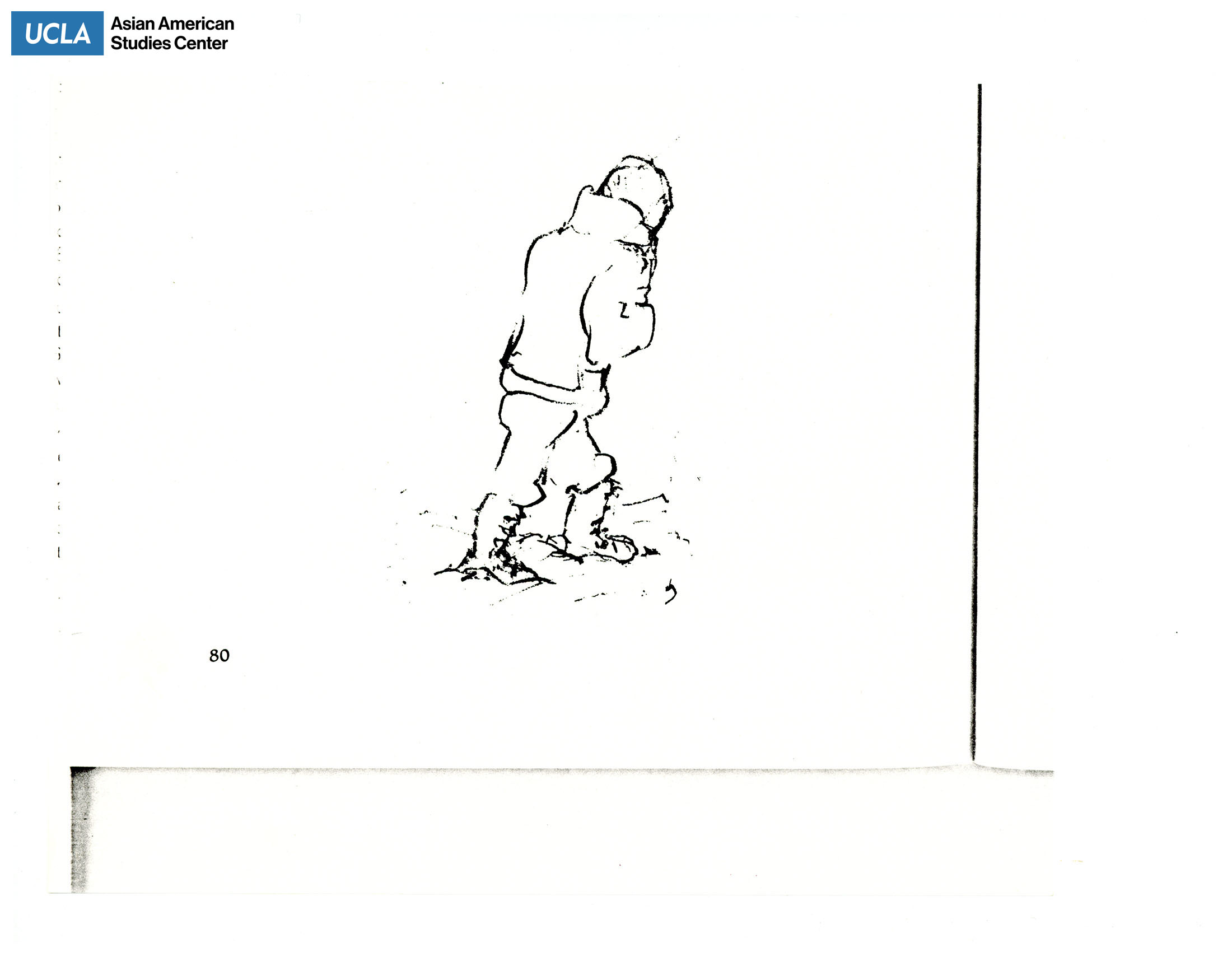 Photocopied illustration of person walking.