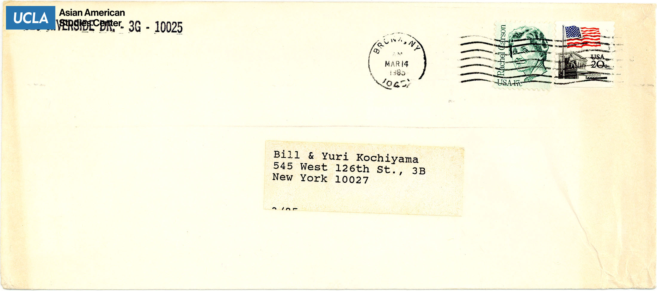 Envelope addressed to Bill and Yuri Kochiyama. Postmarked on March 14, 1985.