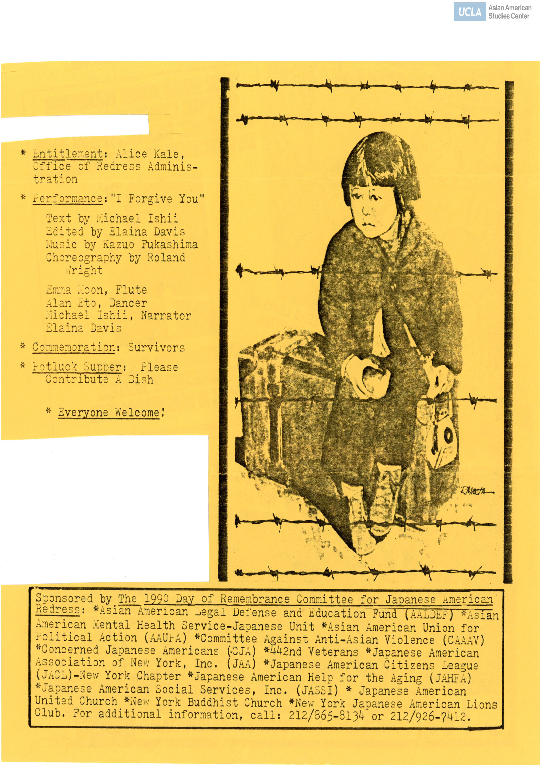Flyer regarding the 1990 Day of Remembrance. Includes programs of event: entitlement, performance, commemoration, and potluck supper.