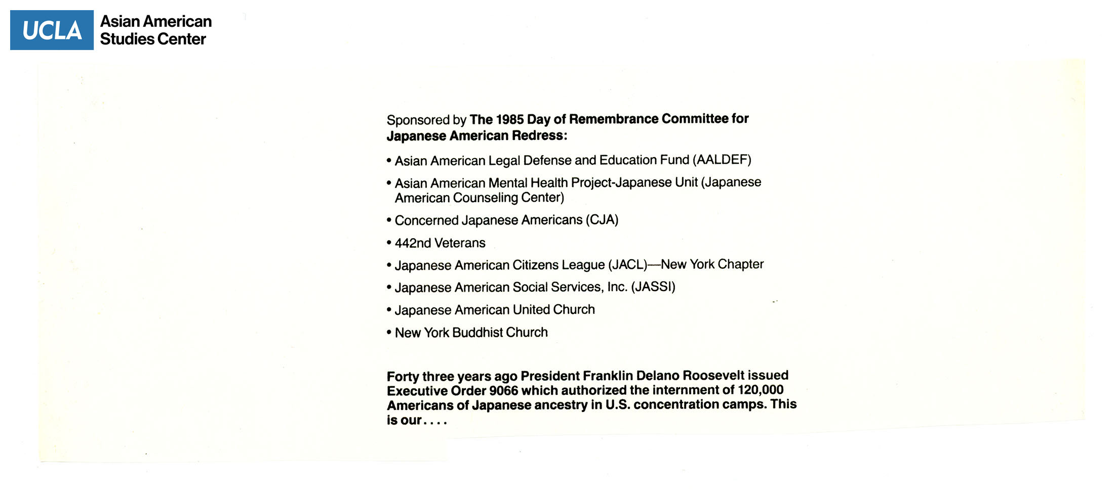 Sponsored organizations listed are: Asian American Legal Defense and Education Fund (AALDEF), Asian American Mental Health Project-Japanese Unit (Japanese American Counseling Center), Concerned Japanese Americans (CJA), 442nd Veterans, Japanese American Citizen League (JACL)-- New York Chapter, Japanese American Social Sevices, Inc. (JASSI), Japanese American United Church, and New York Buddhist Church.
