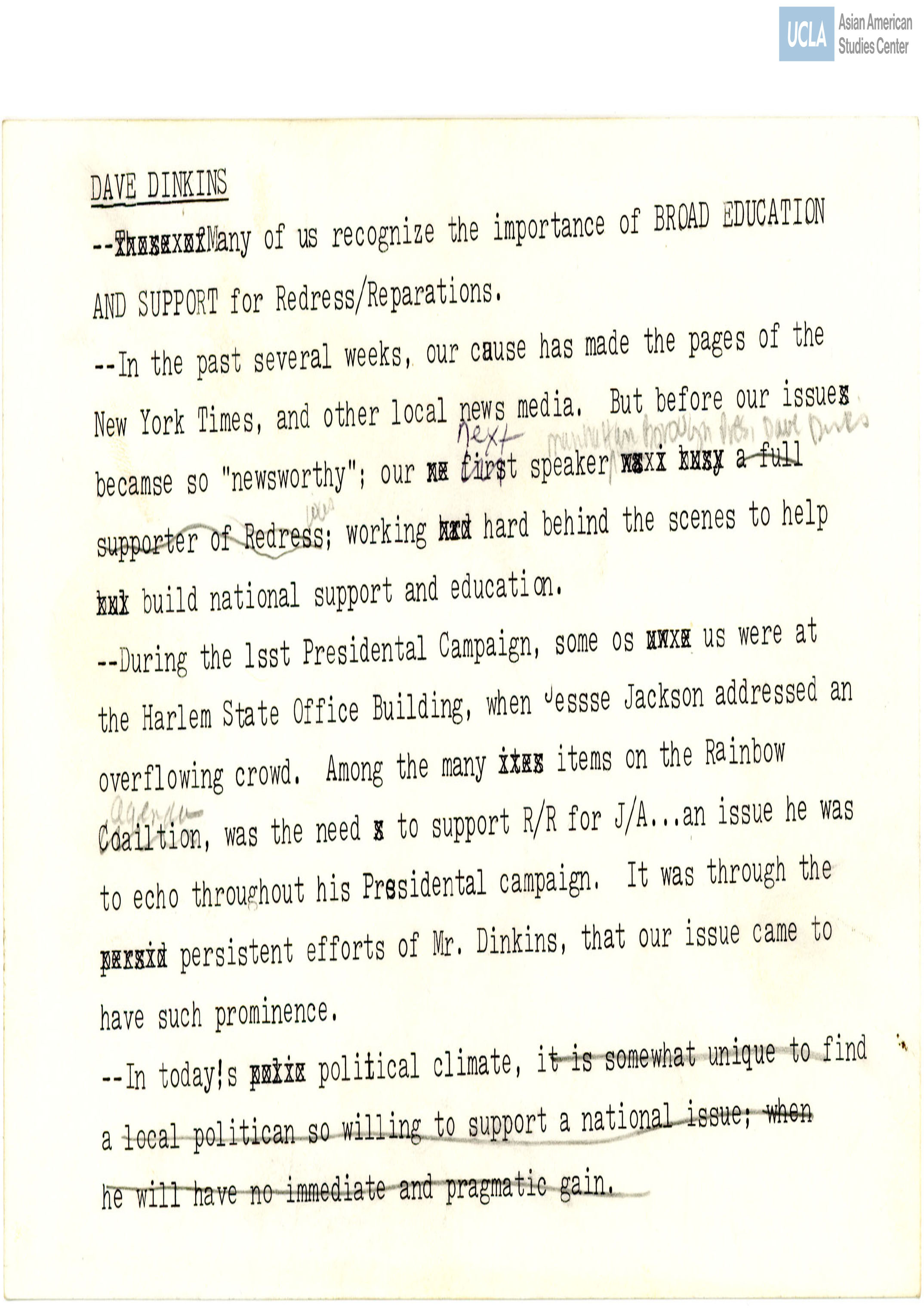 Draft speech regarding David Dinkins' support for Japanese American redress.