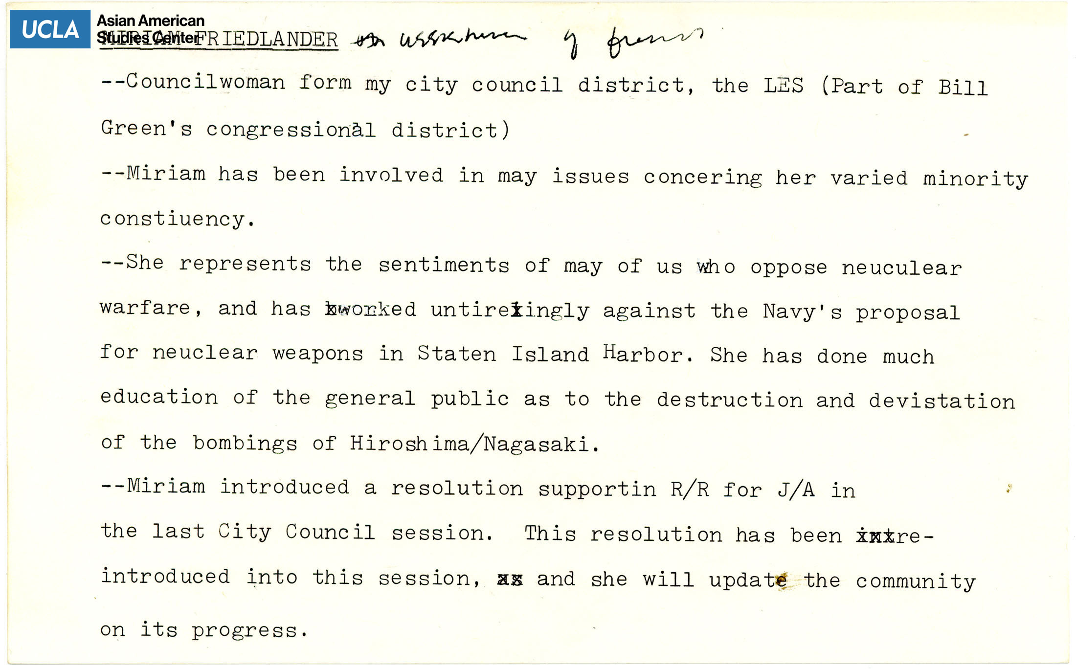 Speech regarding Miriam Friedlander's involvement and support of Japanese American redress.
