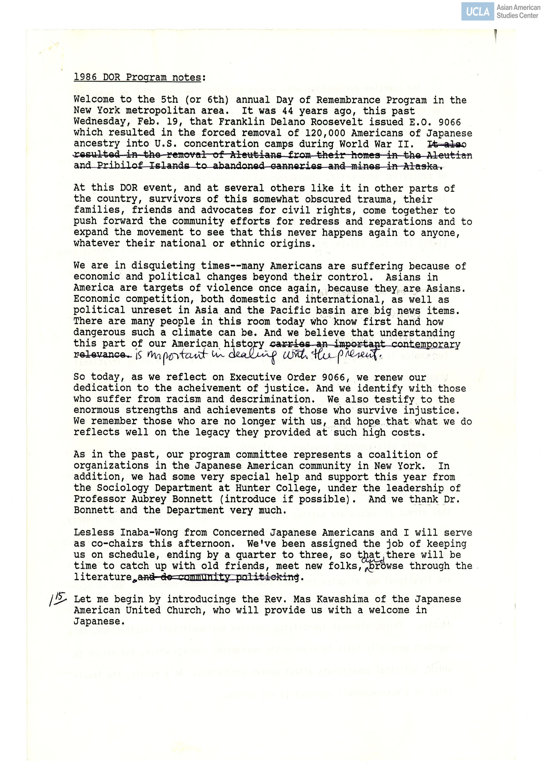 1986 Day of Remembrance event outline with timestamps.