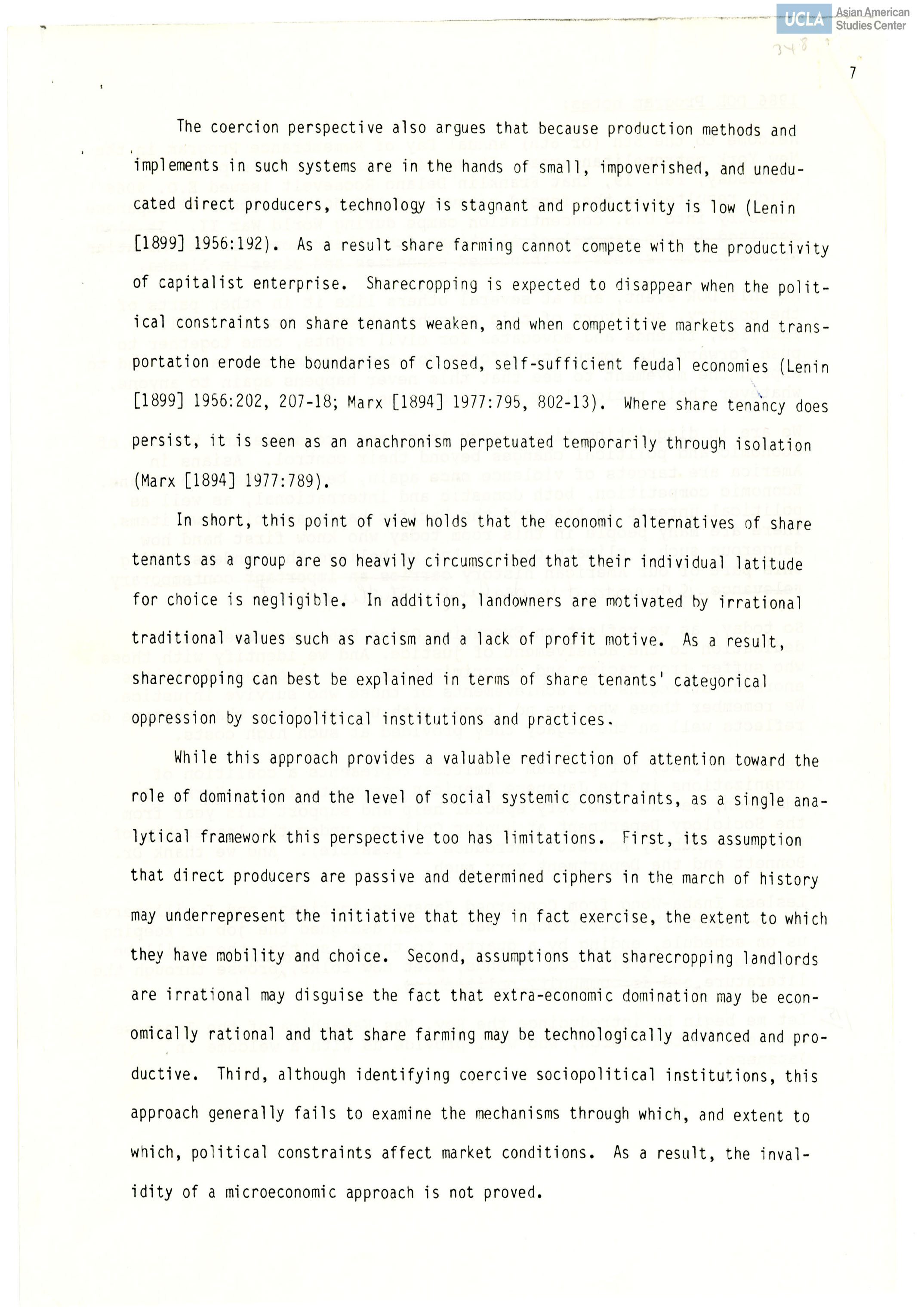 Excerpts regarding the class struggle and sharecropping in the United States.