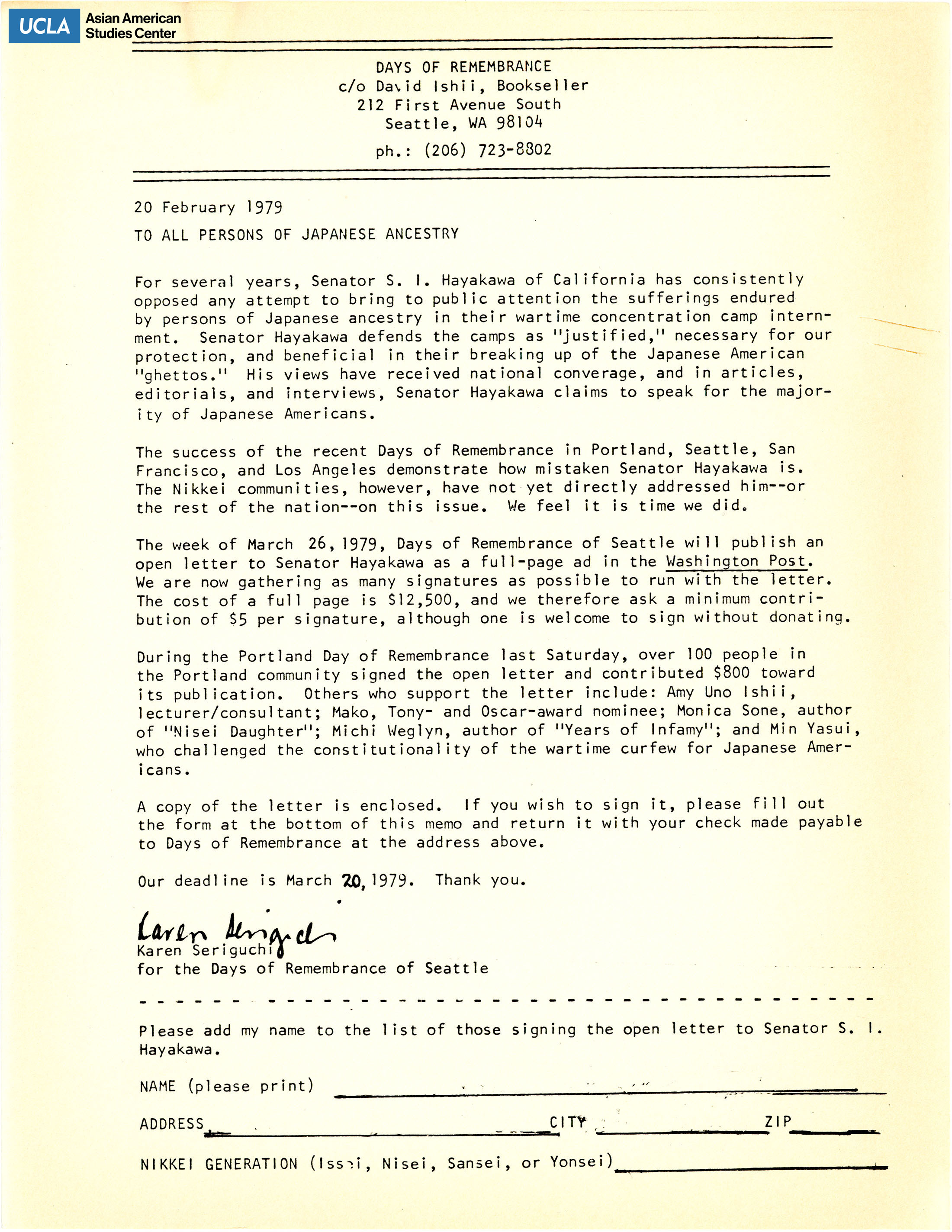 Letter regarding Day of Remembrance and the publishing of an open letter to Senator Hayakawa of California.