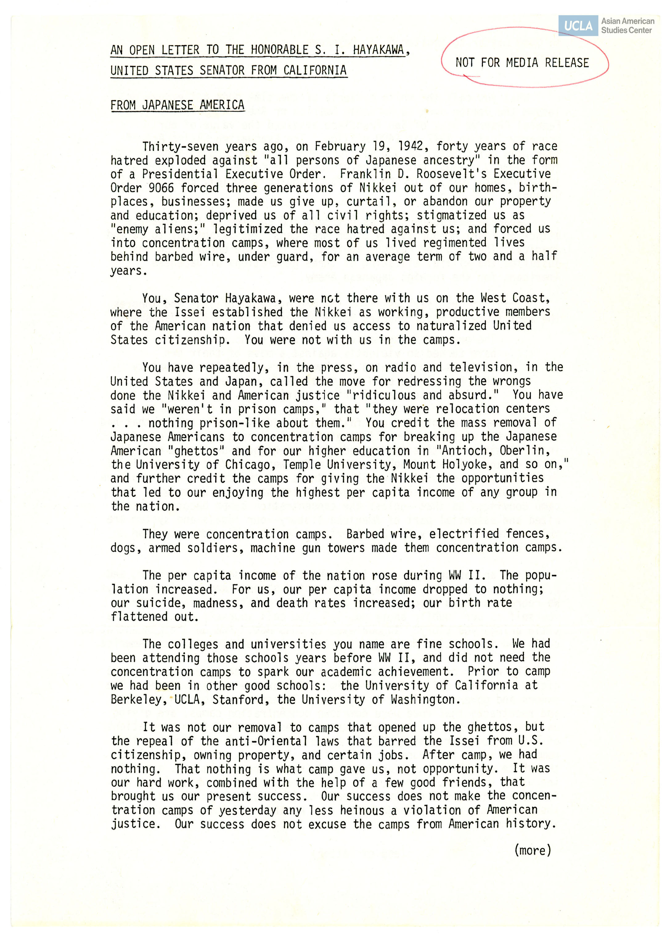 An open letter to Senator Hayakawa regarding support for Japanese American during World War II.