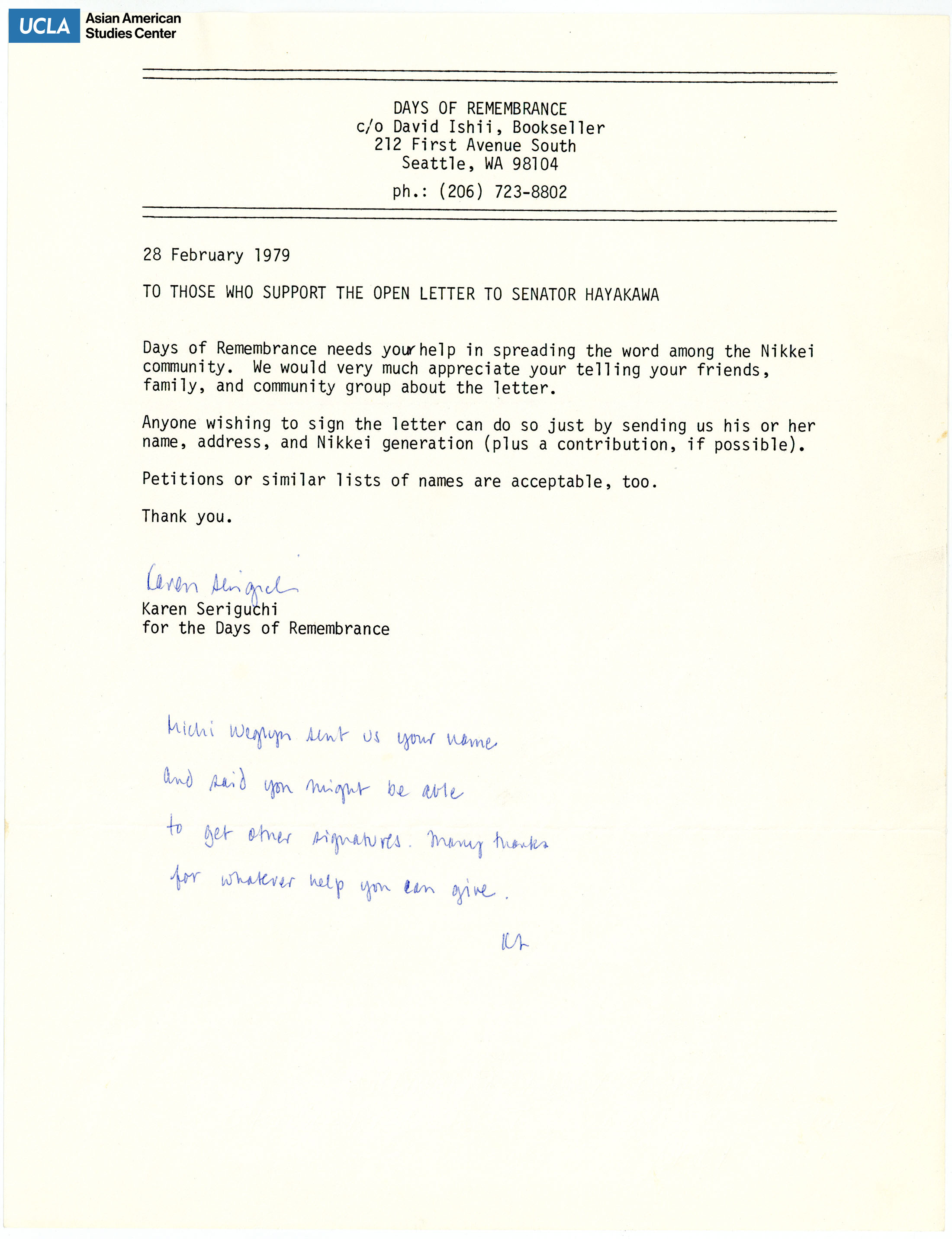Letter regarding the push for more support for Days of Remembrance.