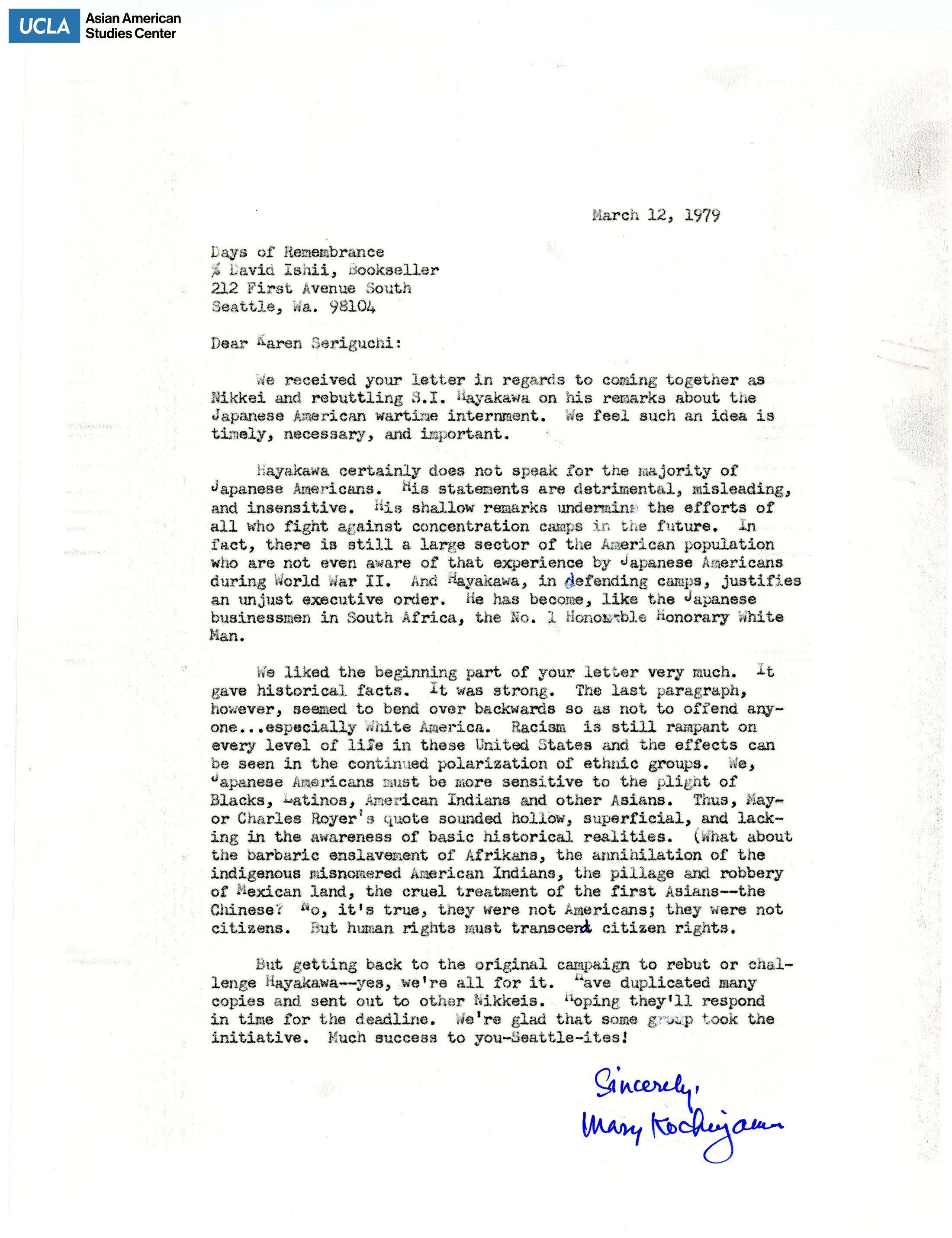 Letter addressed to Karen Seriguchi regarding Senator Hayakawa's stance on Japanaese American internment during World War II.