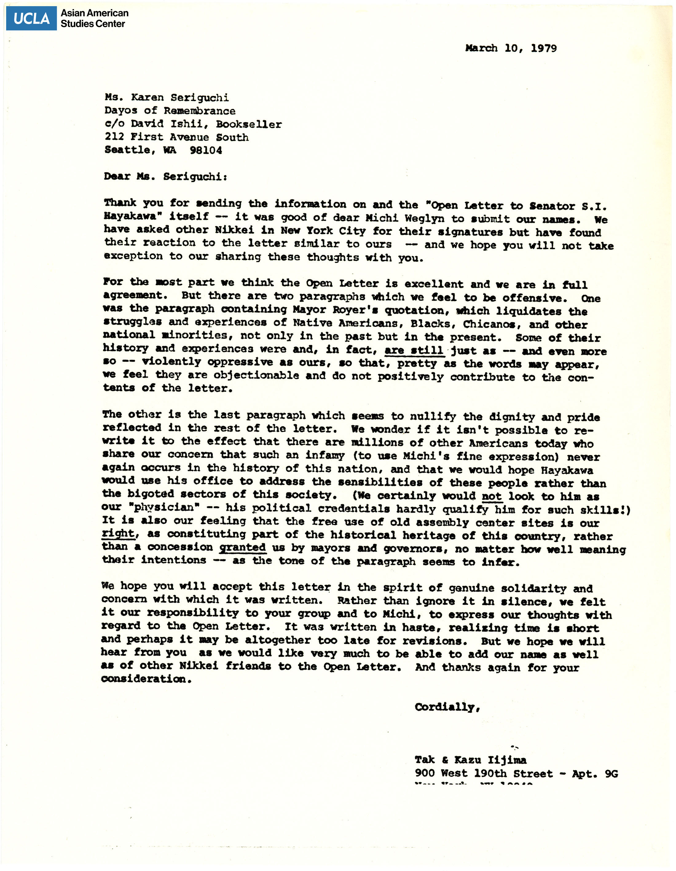 Letter addressed to Karen Seriguchi regarding the open letter to Senator Hayakawa.