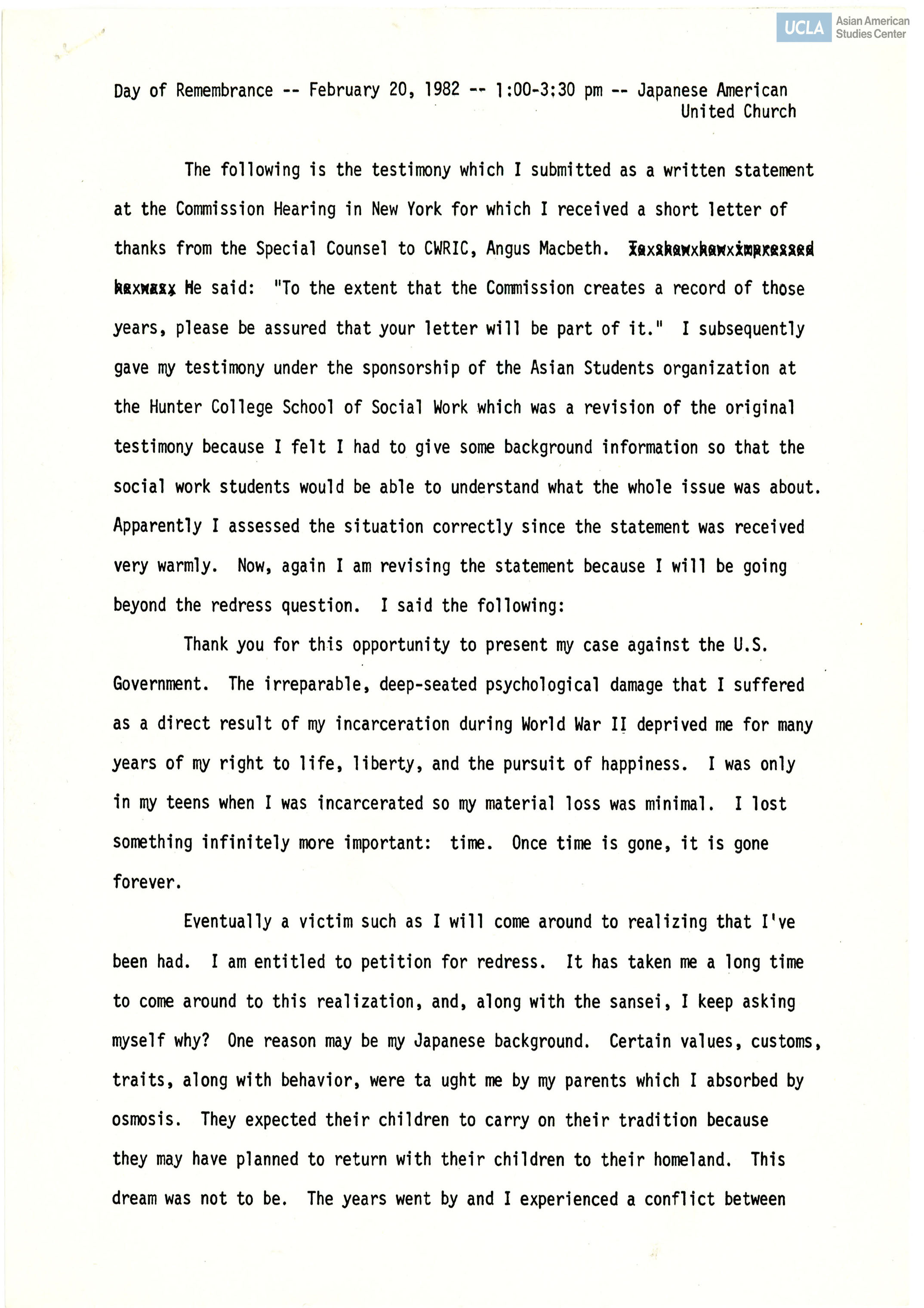 Testimony of Angus Macbeth for the Commission on Wartime Relocation and Internment of Civilians.