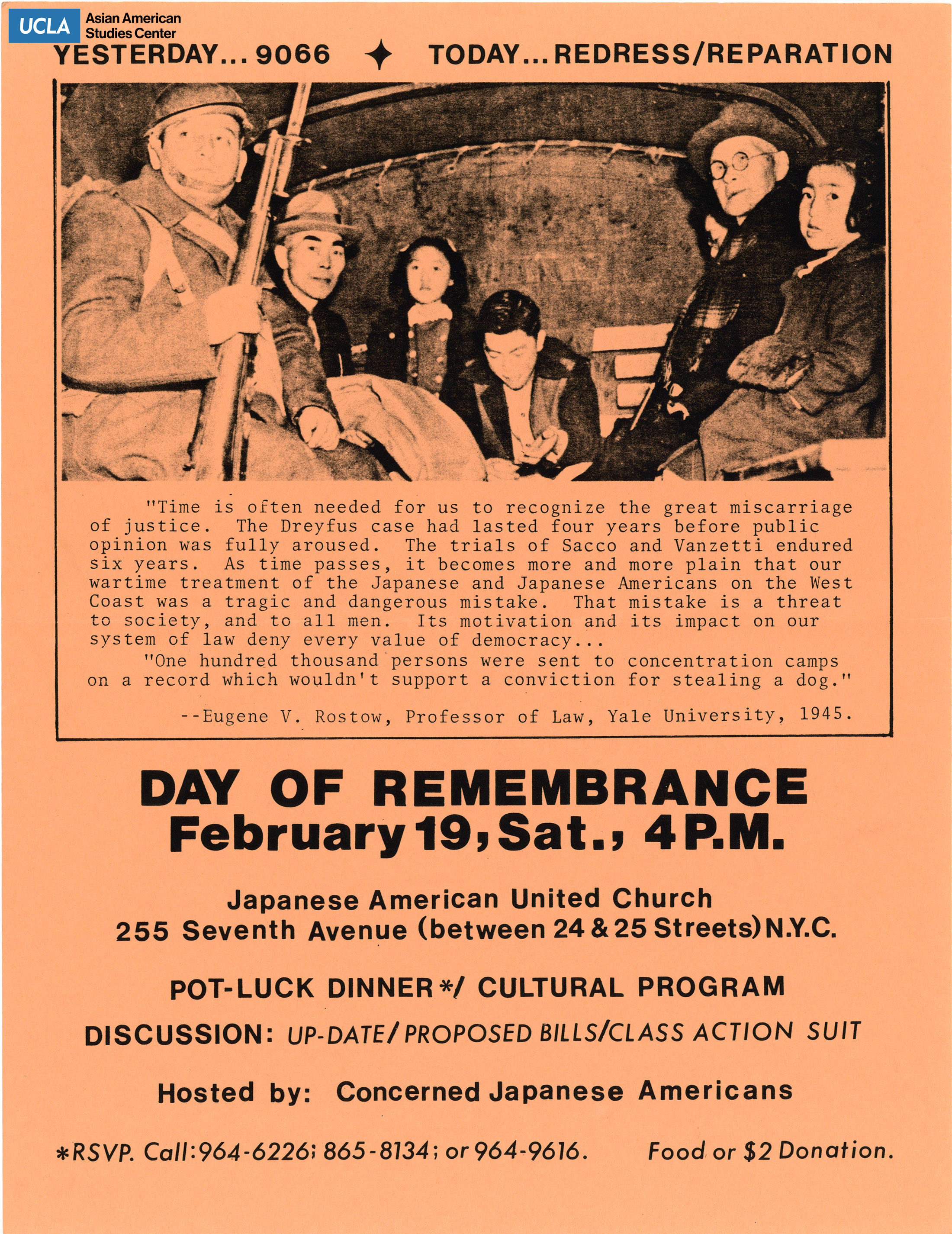 Flyer regarding Day of Remembrance. Includes a potluck dinner and discussion.
