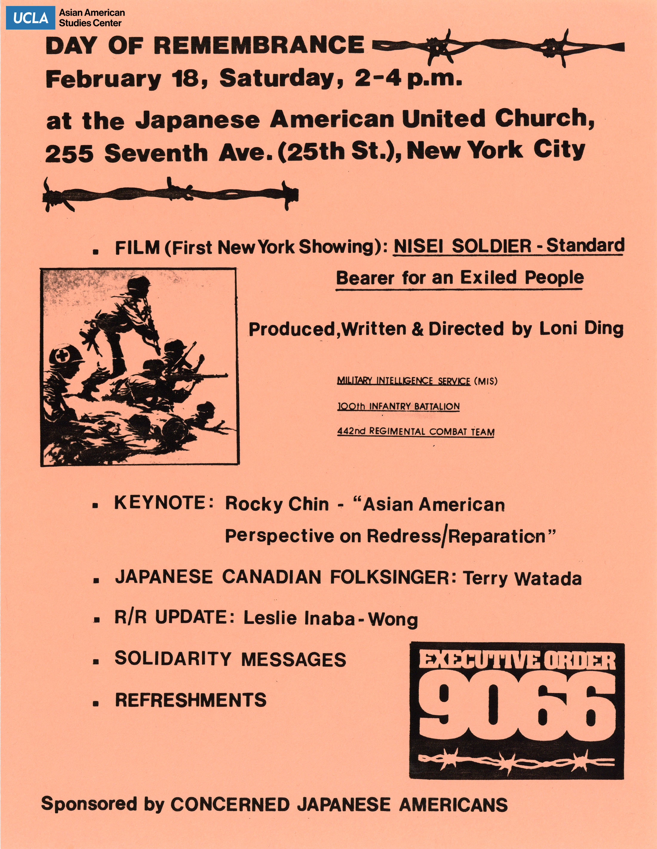 Flyer regarding Day of Remembrance Includes keynote speaker, Japanese Canadian folksinger, redress update, solidarity message, and refreshments.