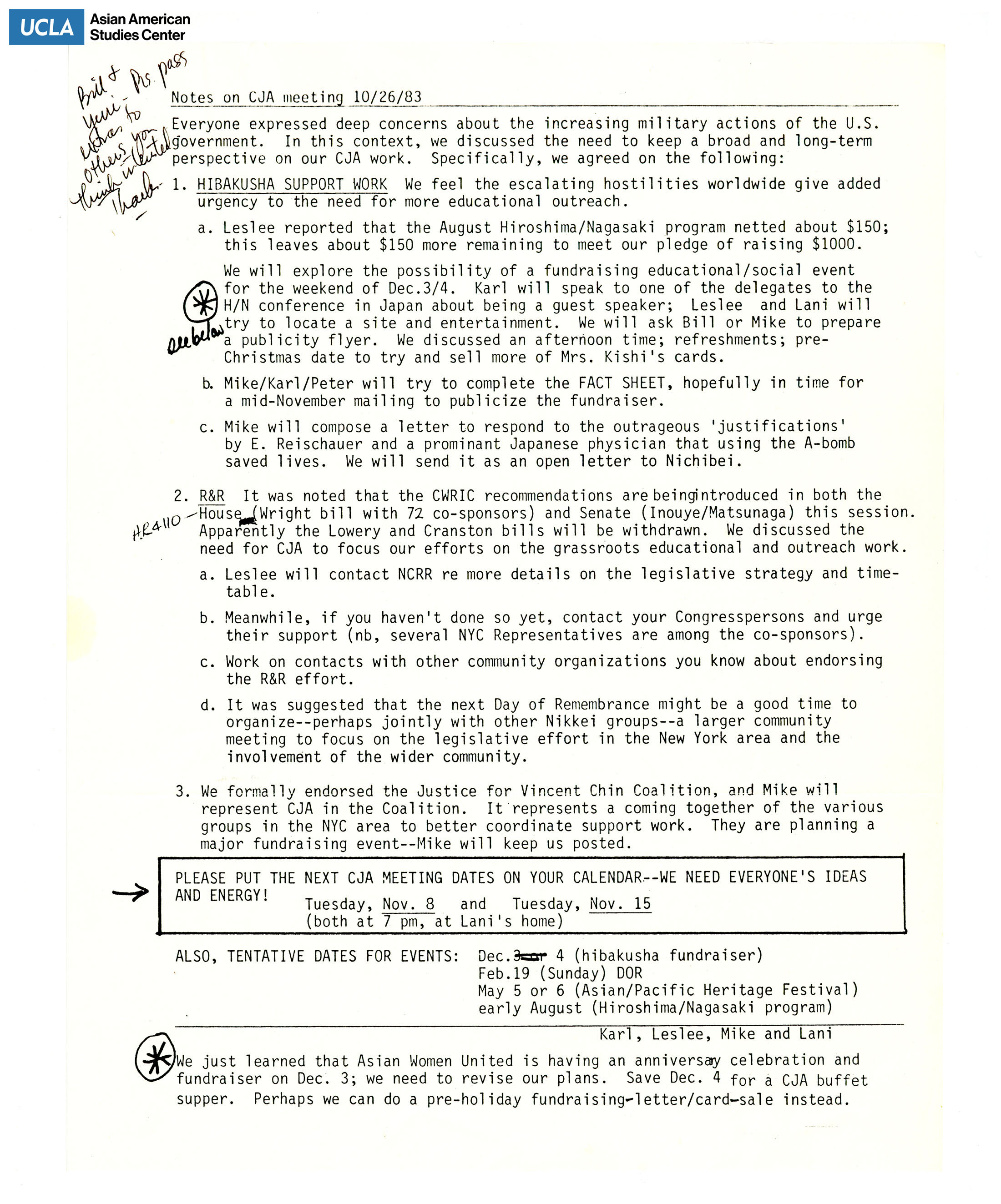 Meeting notes for Concerned Japanese Americans. Topics covered were: 