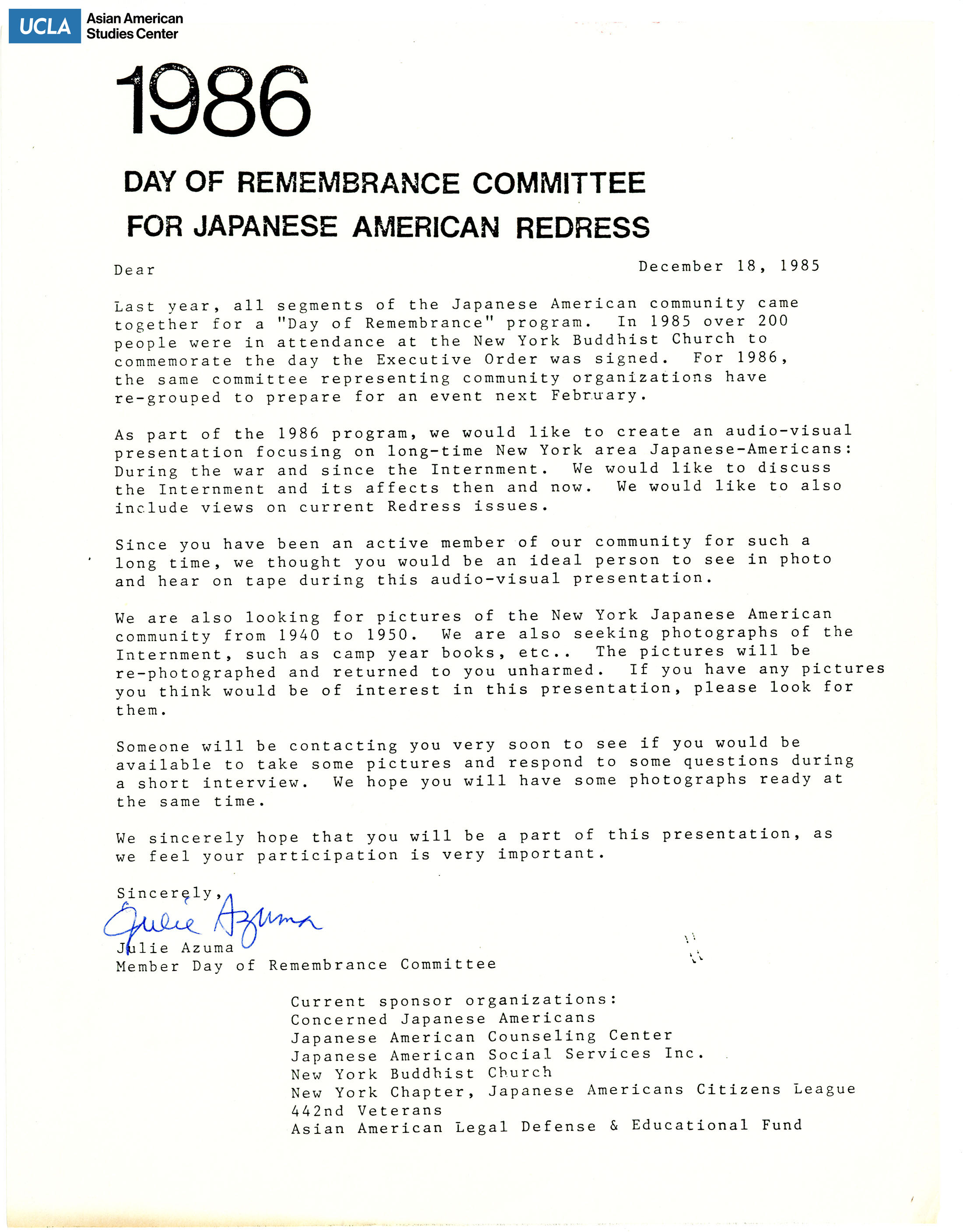 Template letter regarding creating an audio-visual presentation of New York Japanese Americans since World War II.