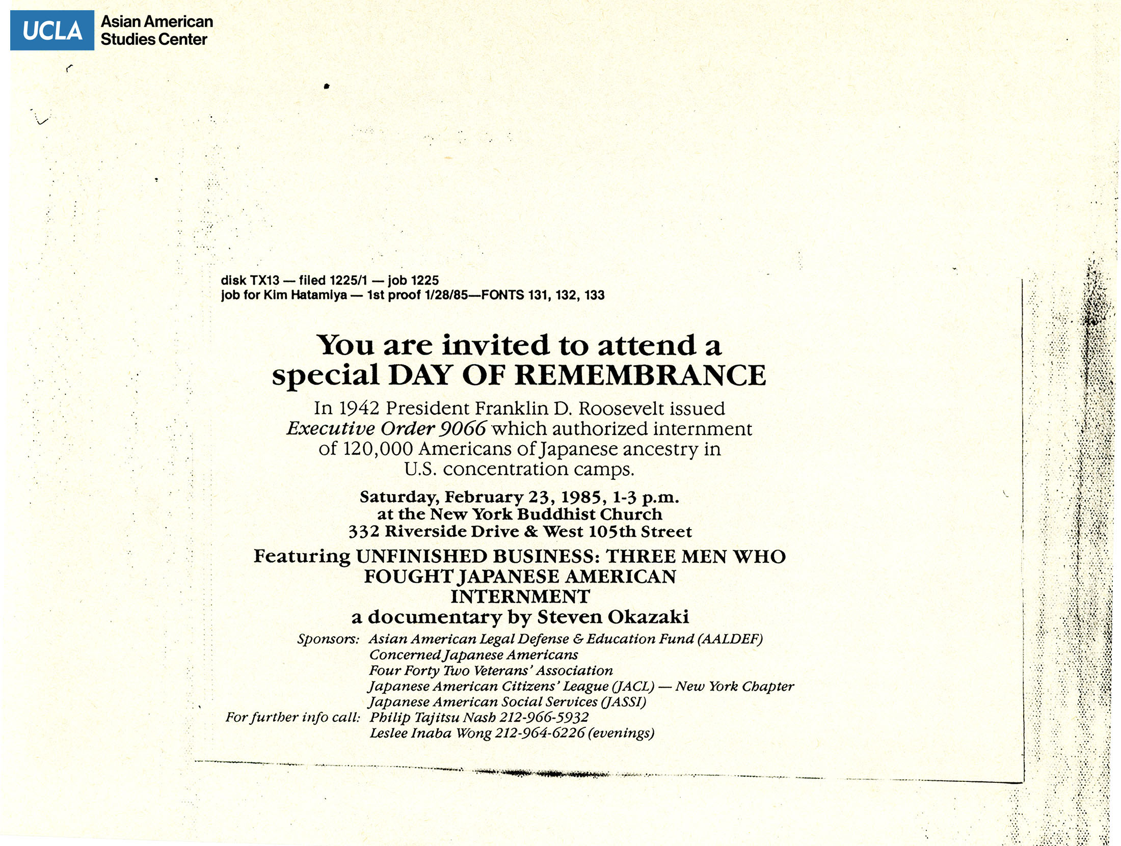 Invitation to 1985 Day of Remembrance at New York Buddhist Church.