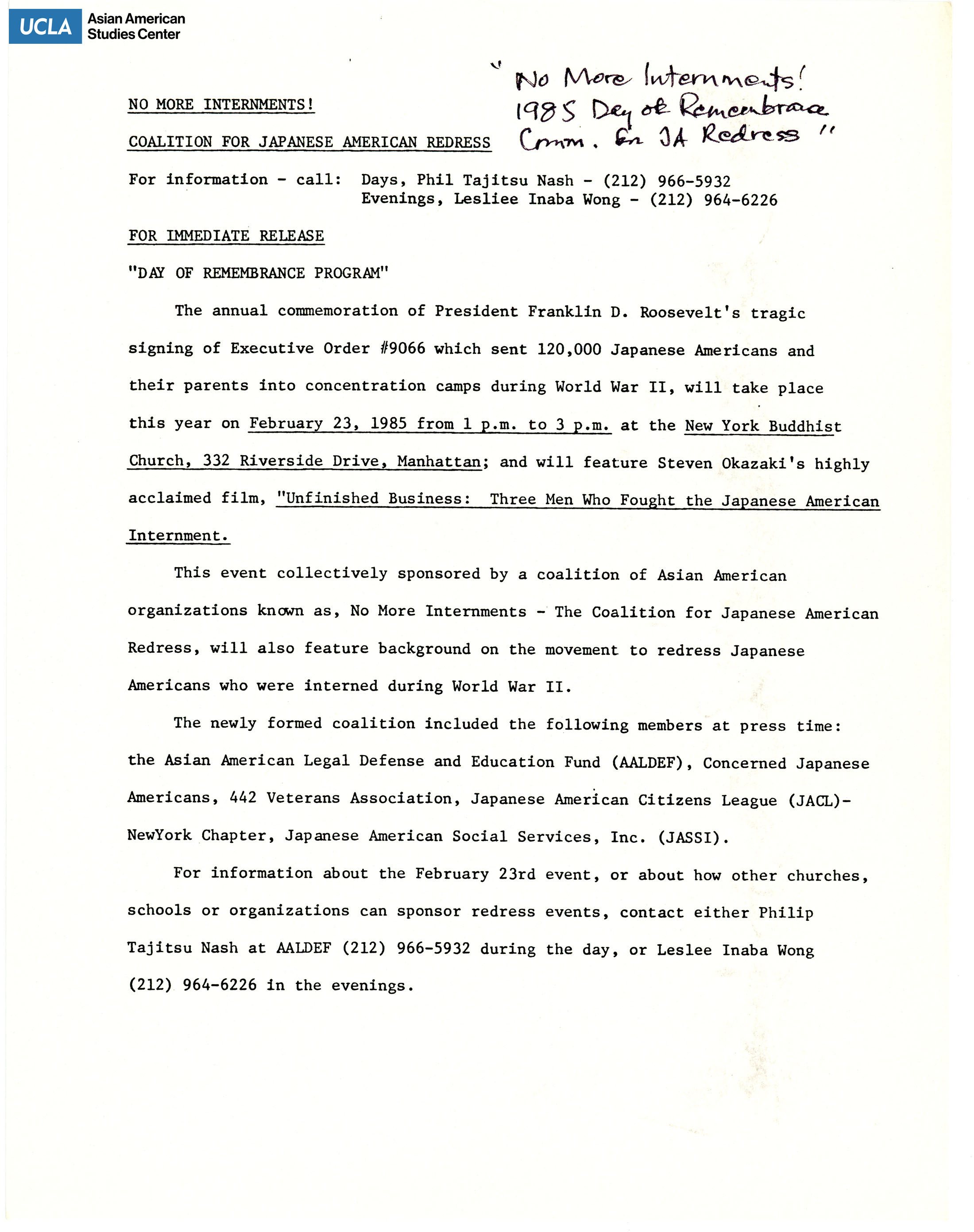 Press Release for draft of Day of Remembrance. Includes note, 