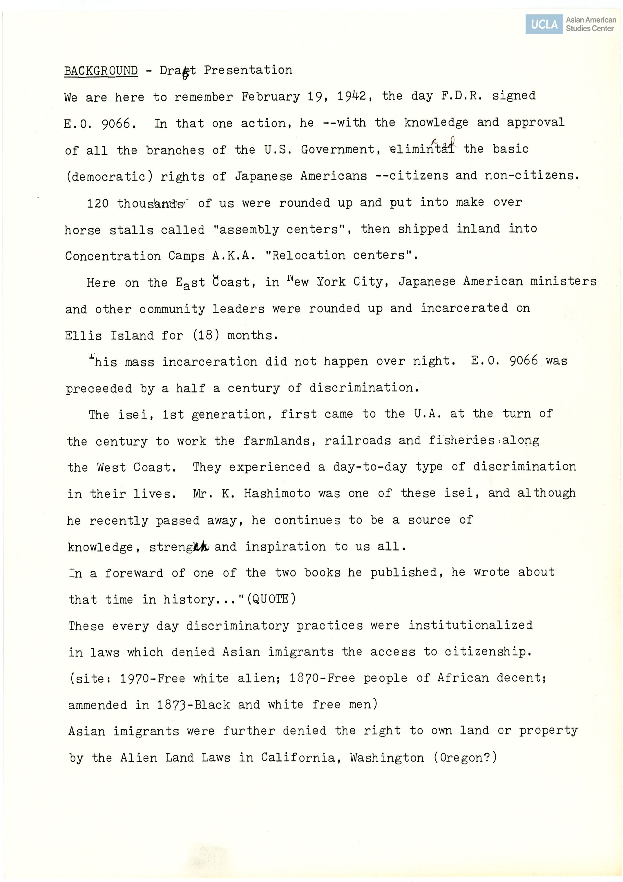 Background information on the signing of Executive Order 9066. Mentions film, 