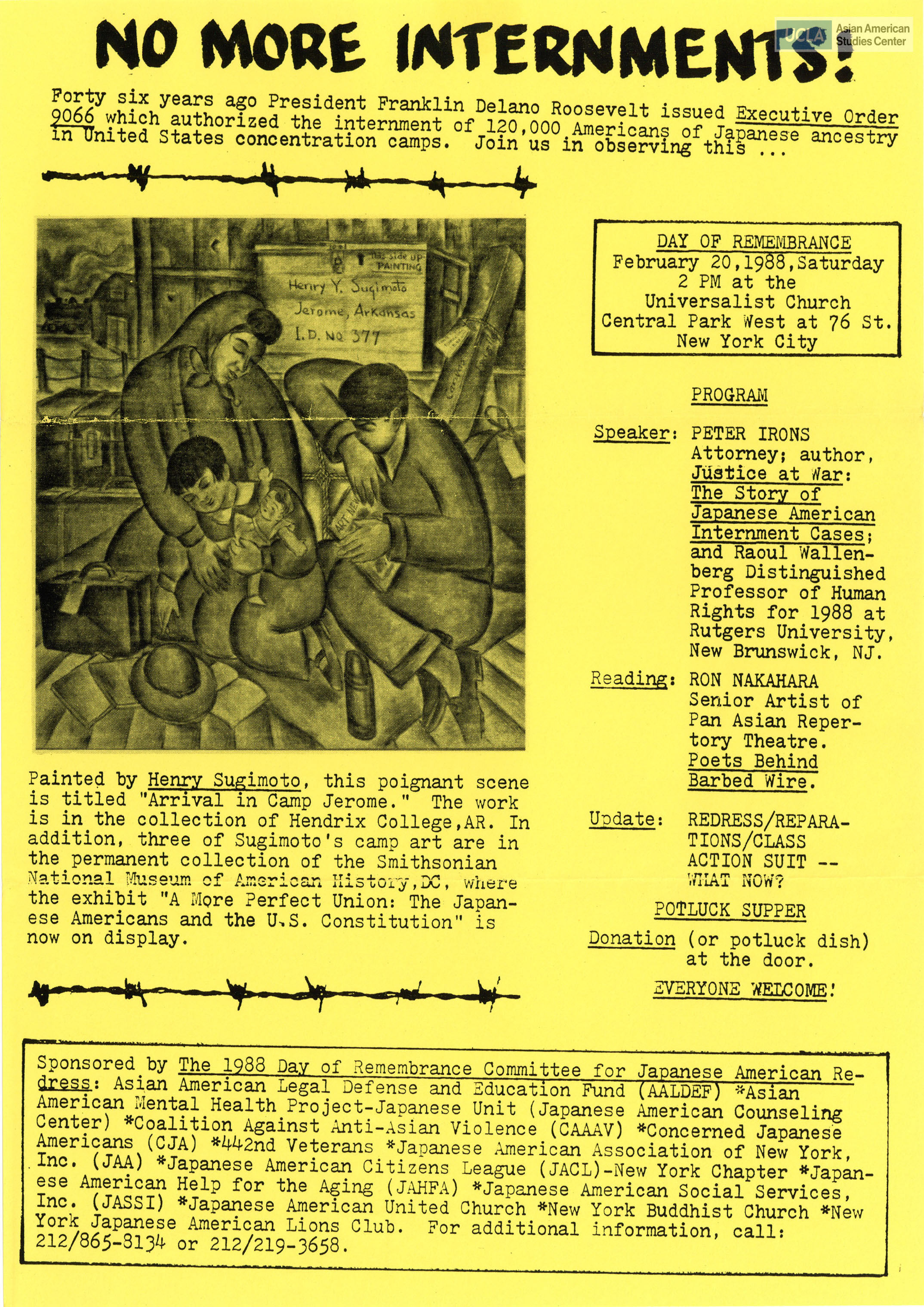 No More Internments! flyer regarding Day of Remembrance at the Universalist Church. Includes artwork by Henry Sugimoto.
