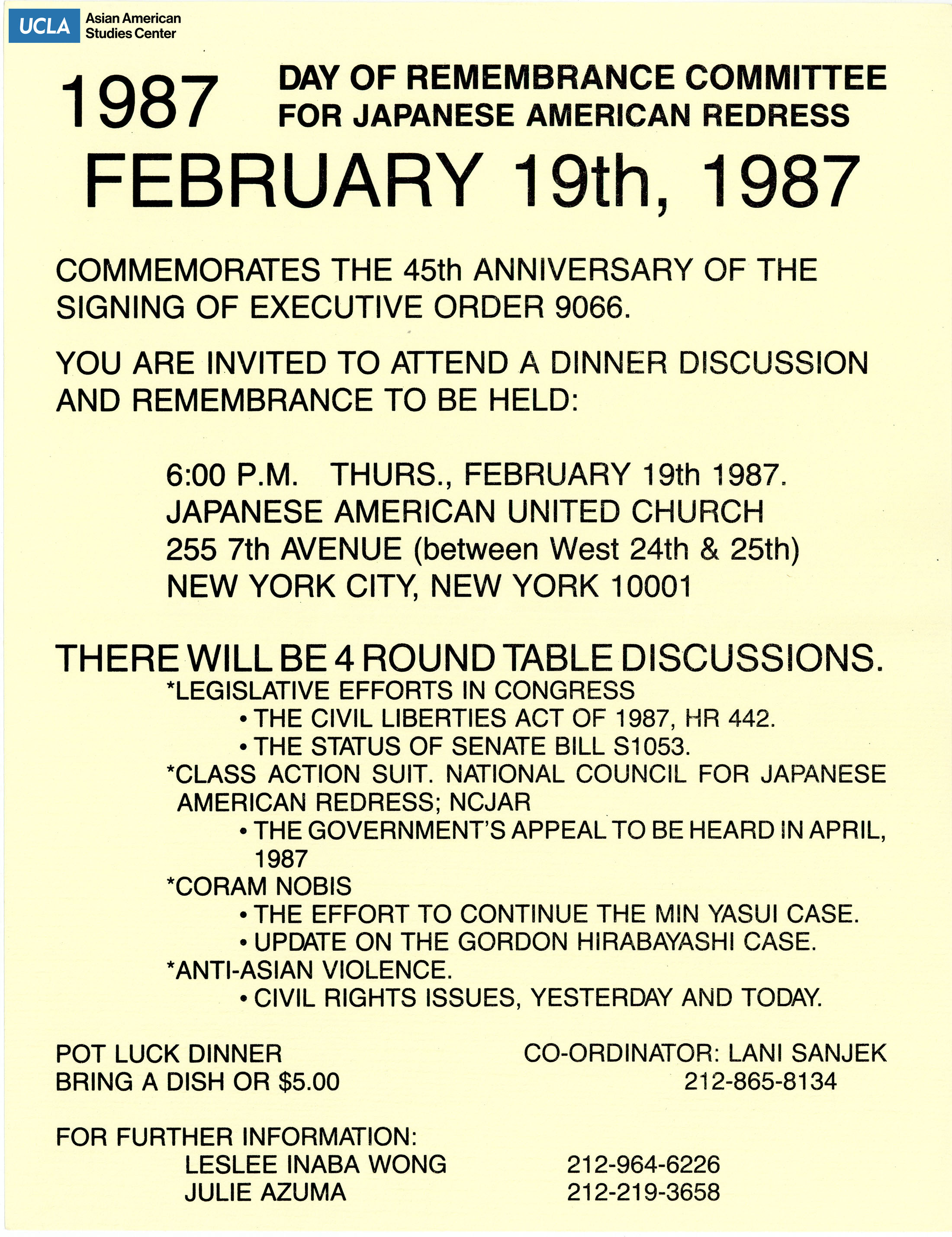 Flyer regarding the 1987 Day of Remembrance which commemorates the 45th anniversary since the signing of Executive Order 9066.
