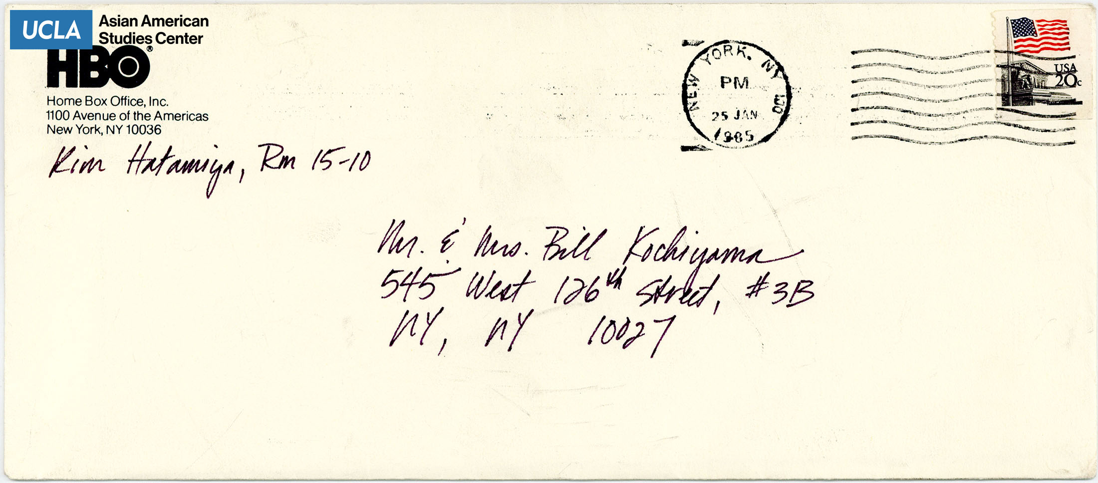 Envelope addressed to Yuri and Bill Kochiyama. Postmarked on January 25, 1985.