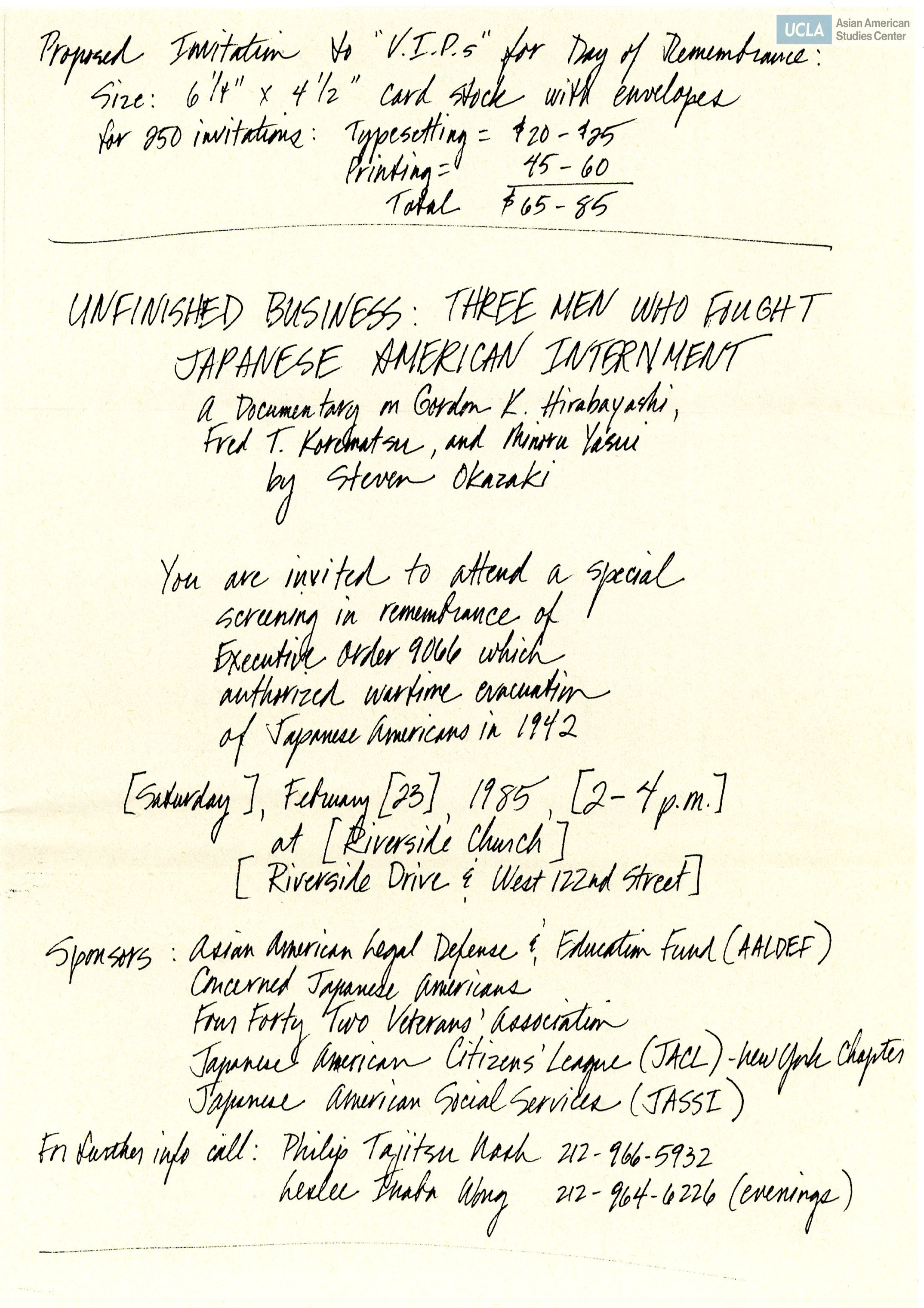 Letter and proposed invitation regarding the film 