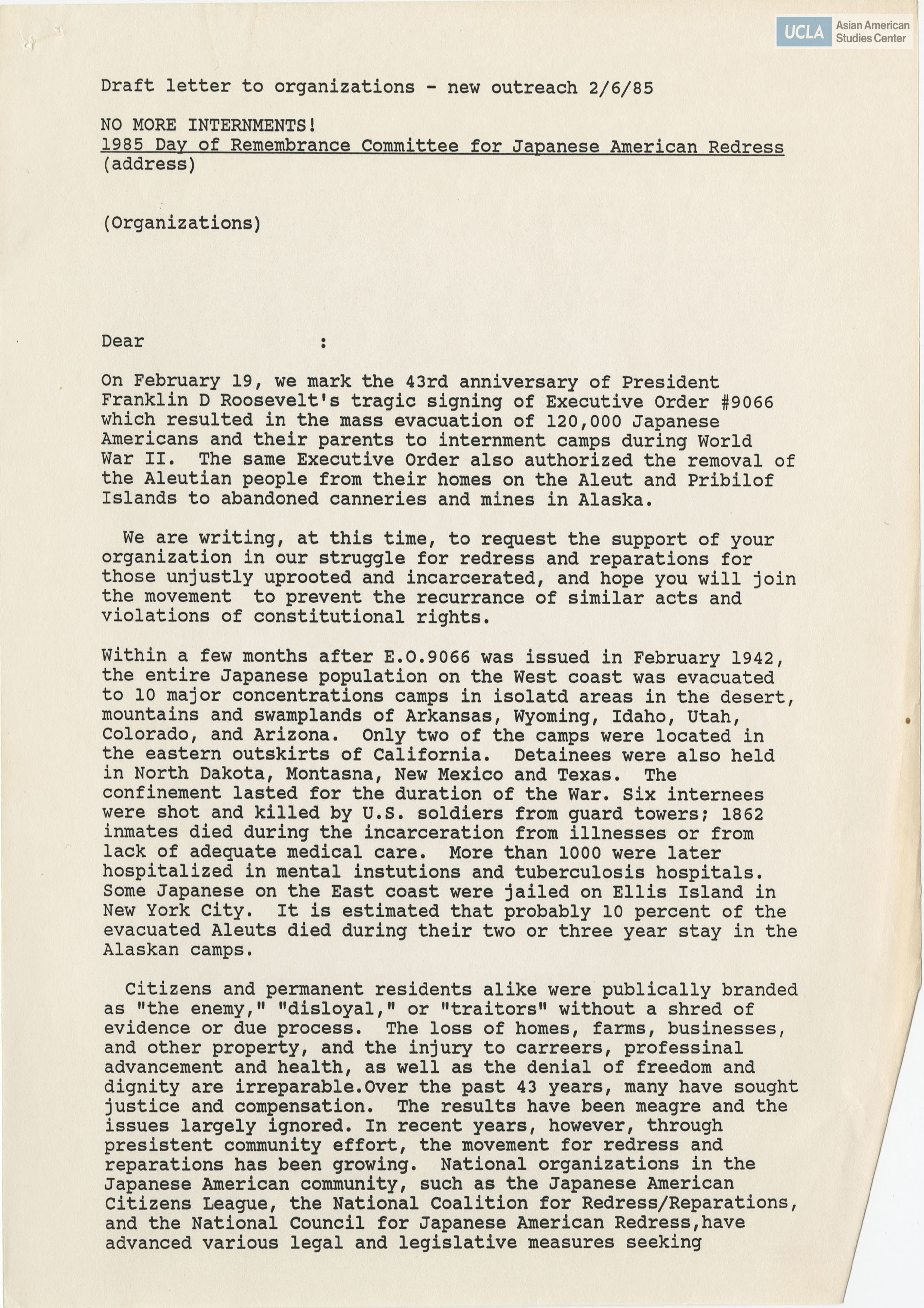 Draft letter regarding the 1985 Day of Remembrance and for support in redress.